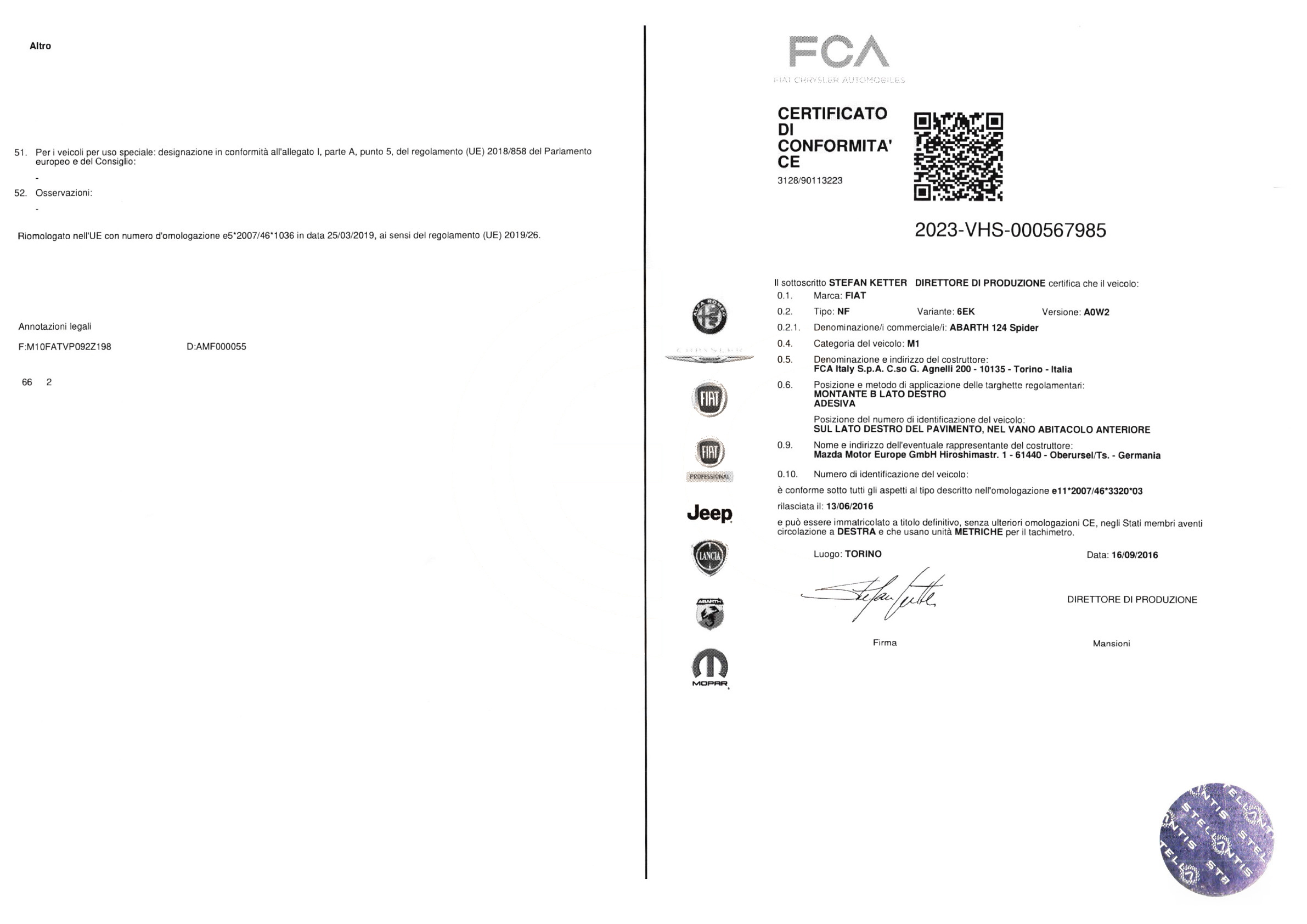 Exemple de certificat de conformité Abarth