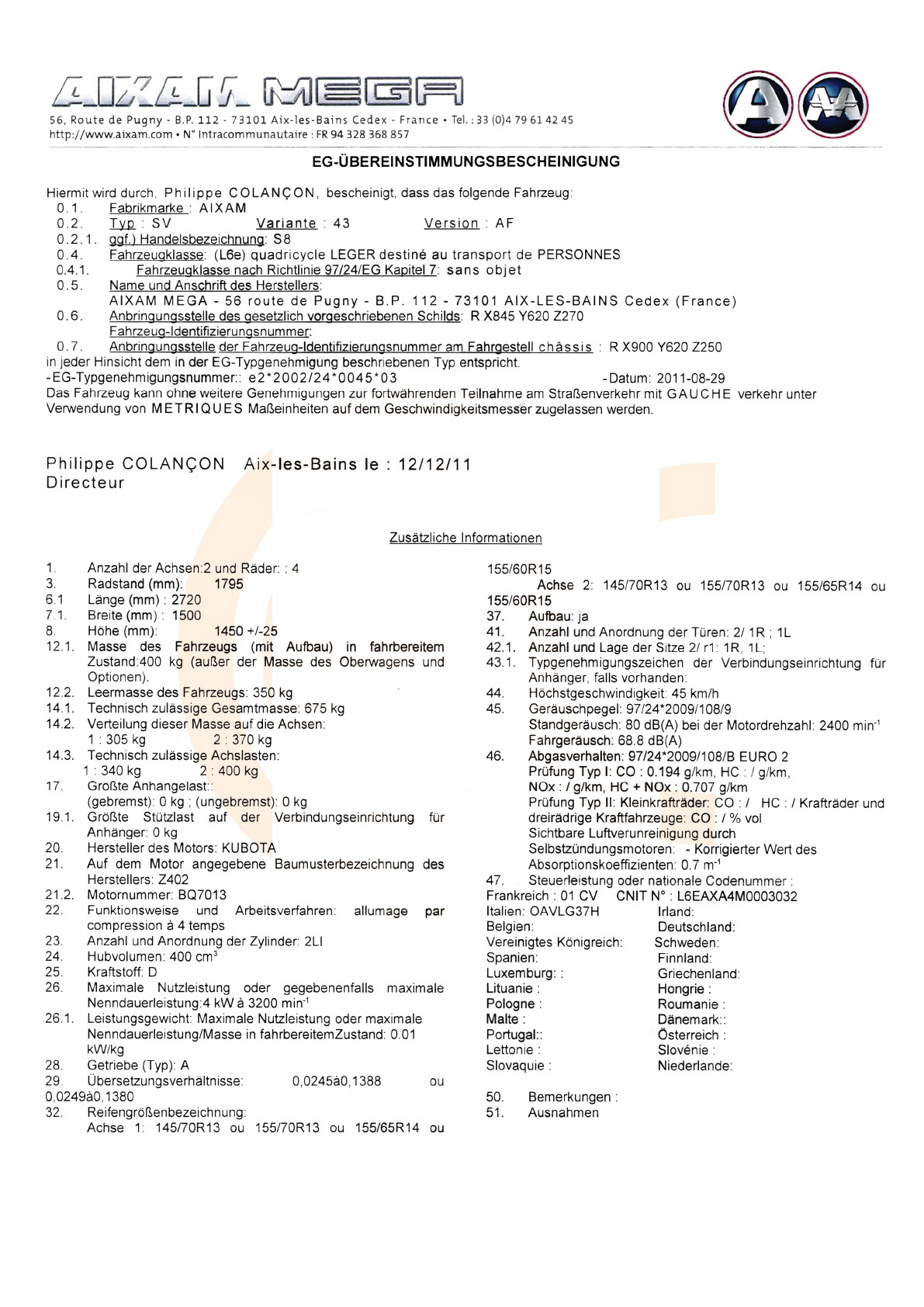 Exemple de certificat de conformité Aixam