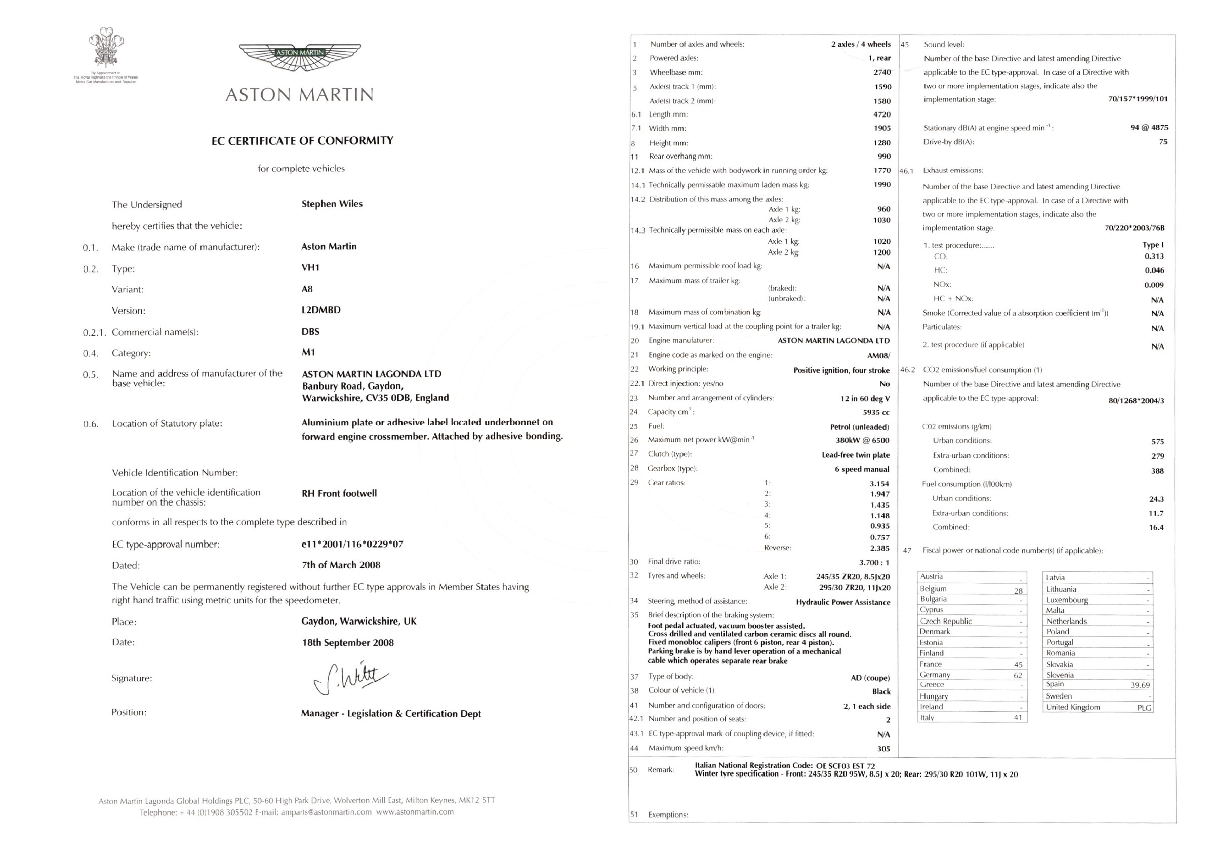 Exemple de certificat de conformité Aston Martin