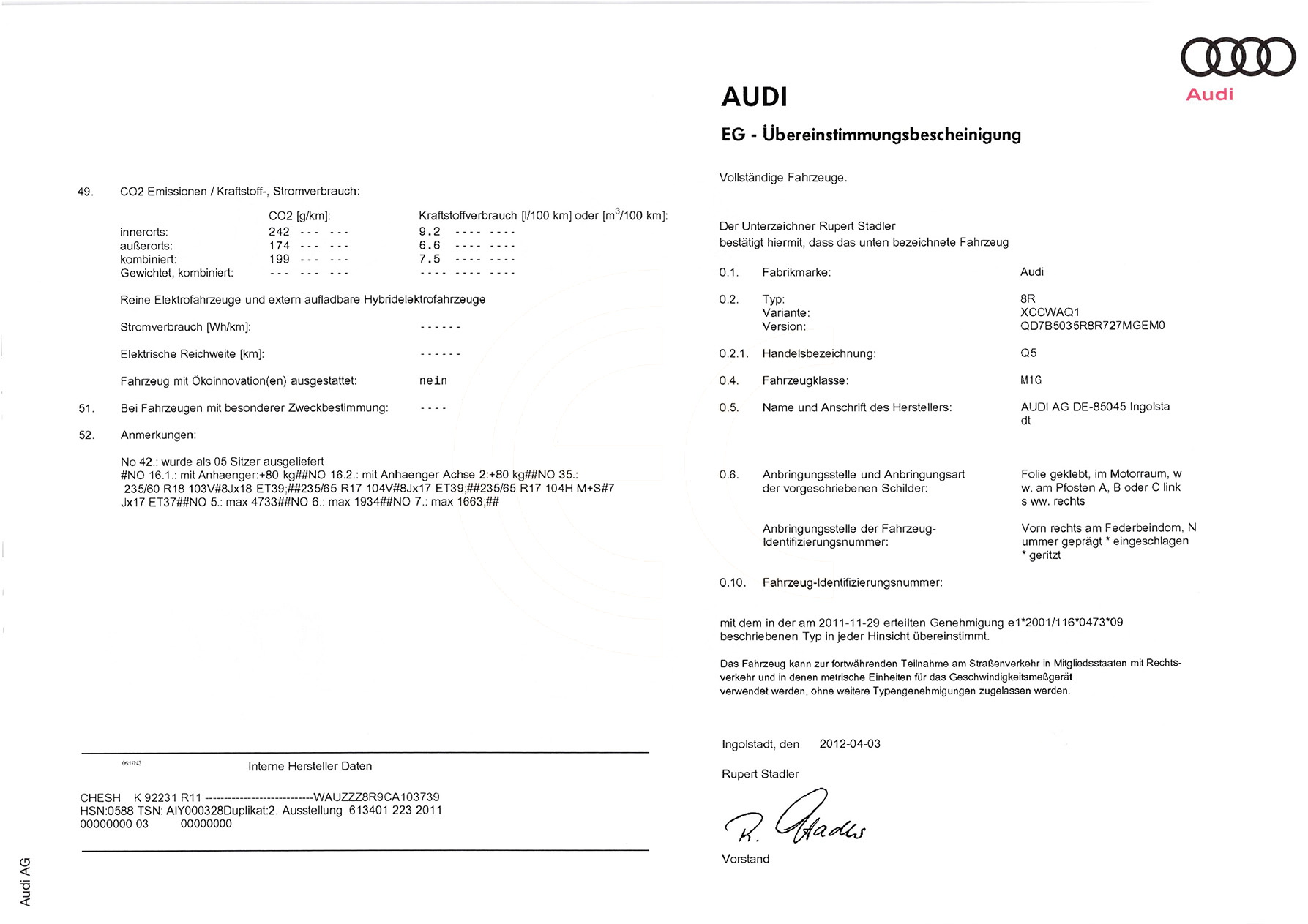 Exemple de certificat de conformité Audi