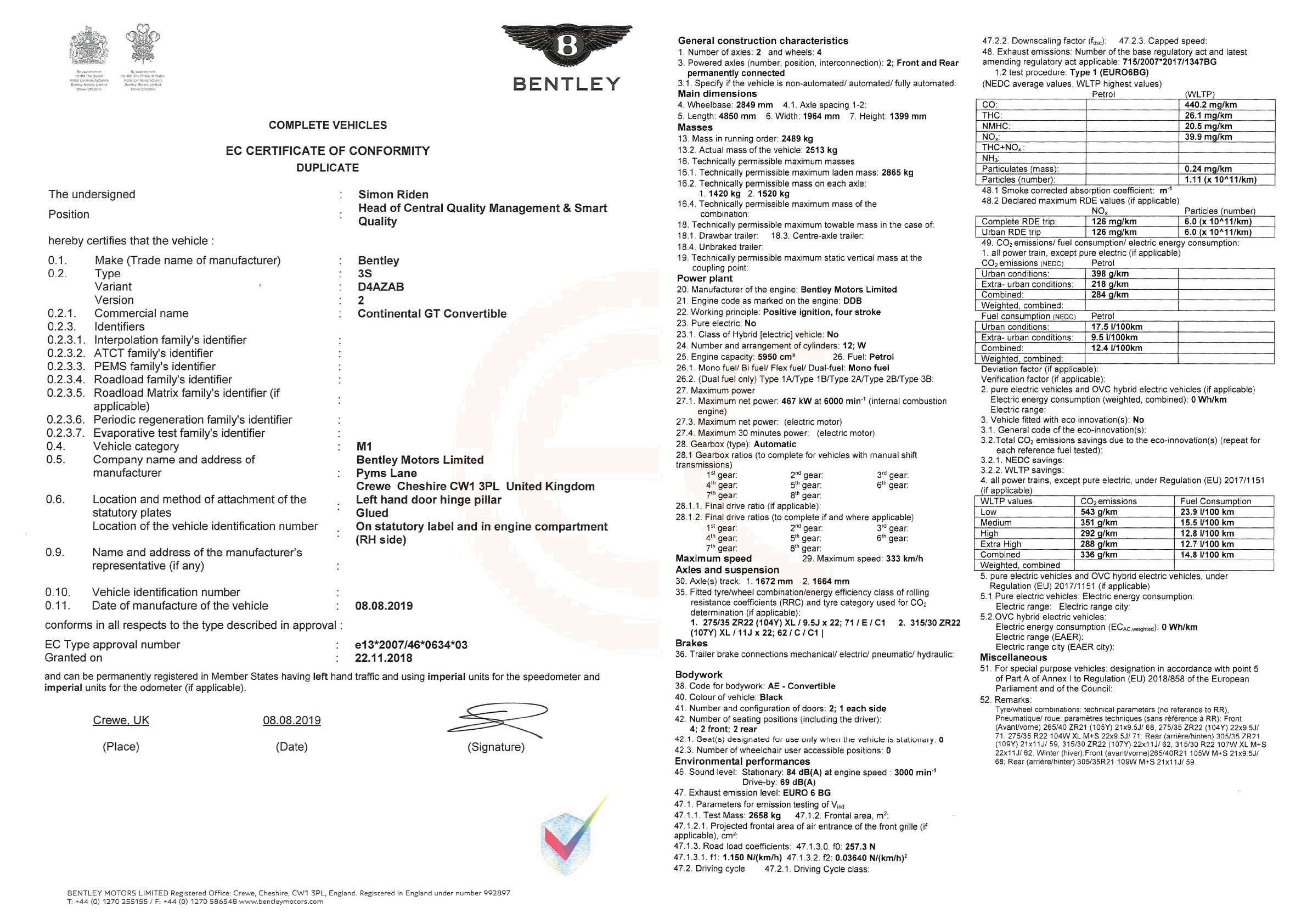 Exemple de certificat de conformité Bentley