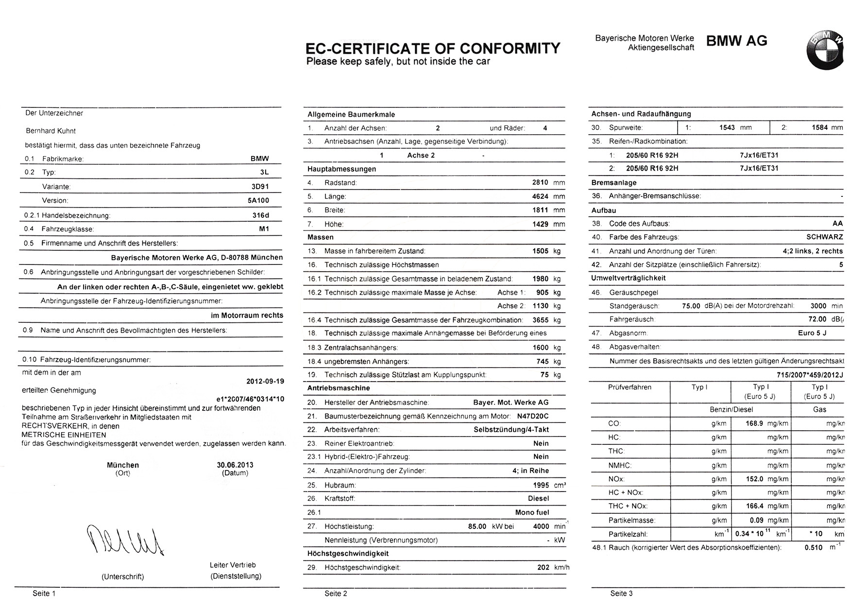Exemple de certificat de conformité BMW