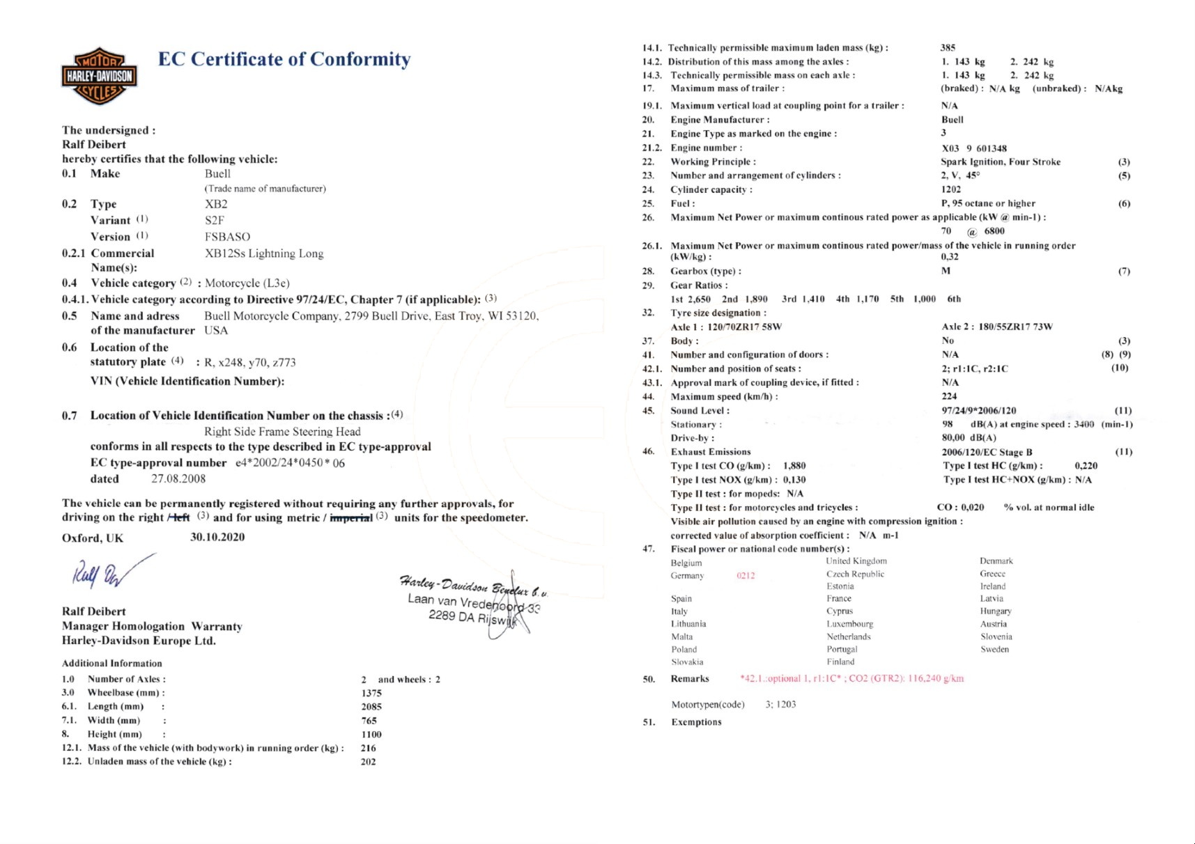 Exemple de certificat de conformité Buell