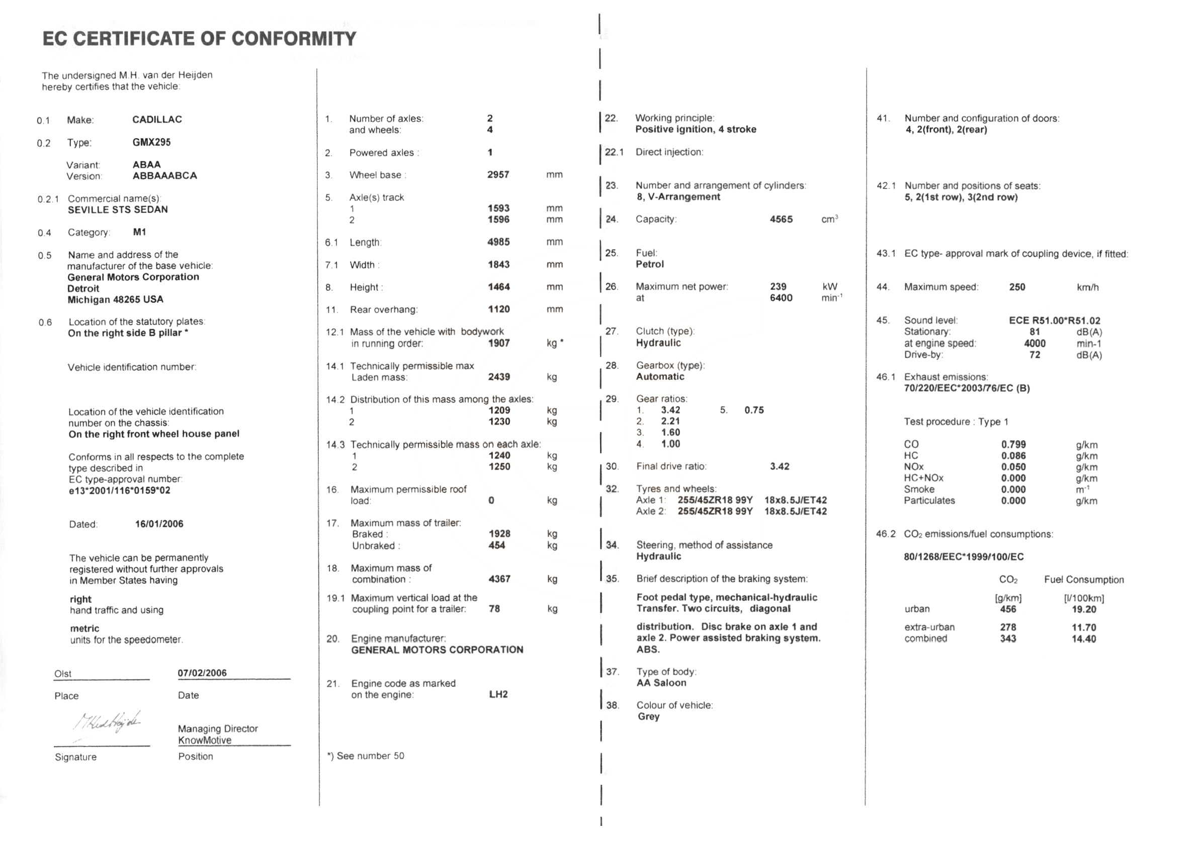 Exemple de certificat de conformité Cadillac