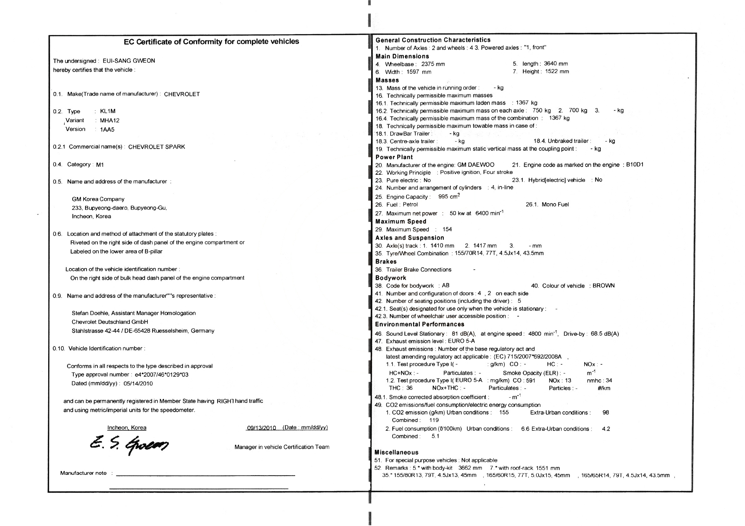 Exemple de certificat de conformité Chevrolet