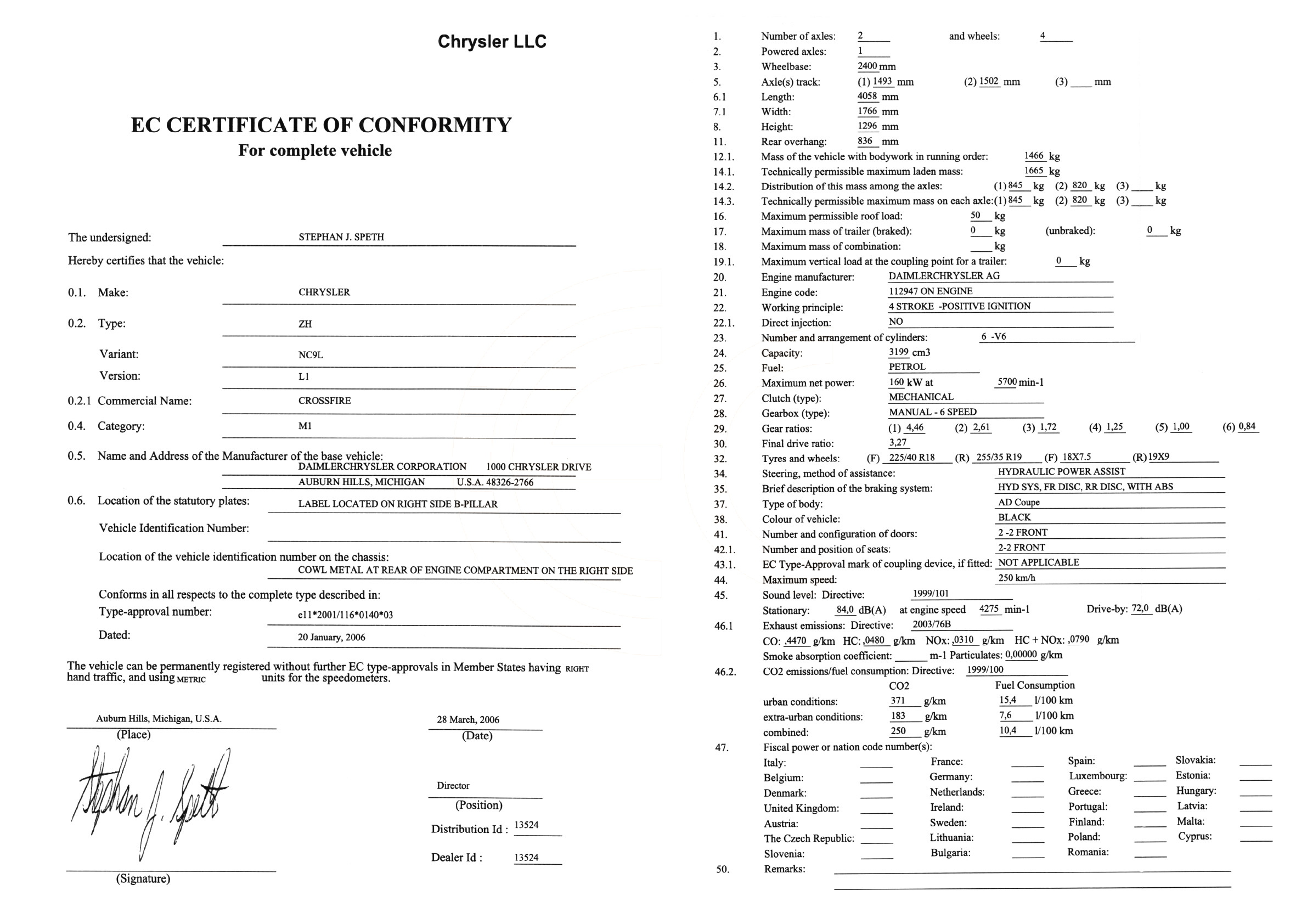 Exemple de certificat de conformité Chrysler