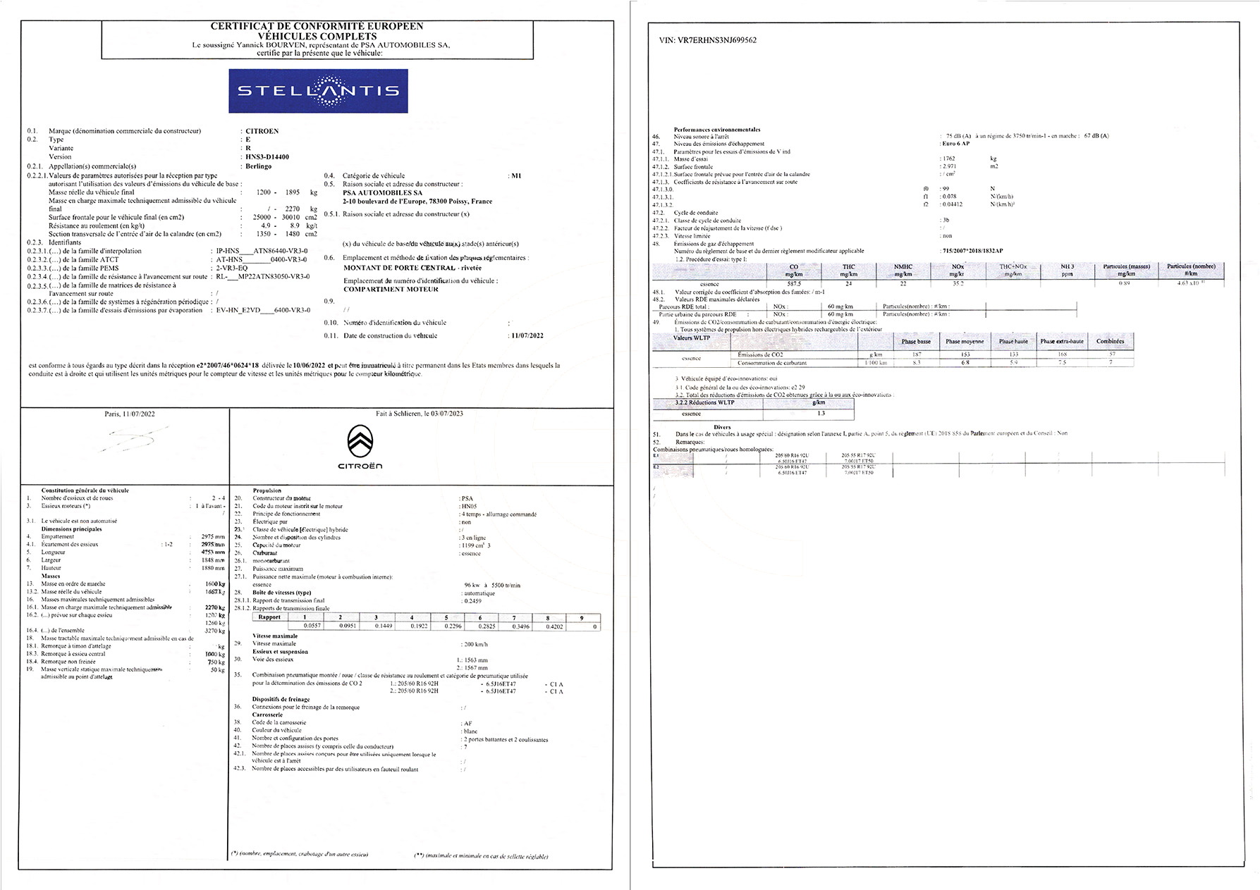 Exemple de certificat de conformité Citroën