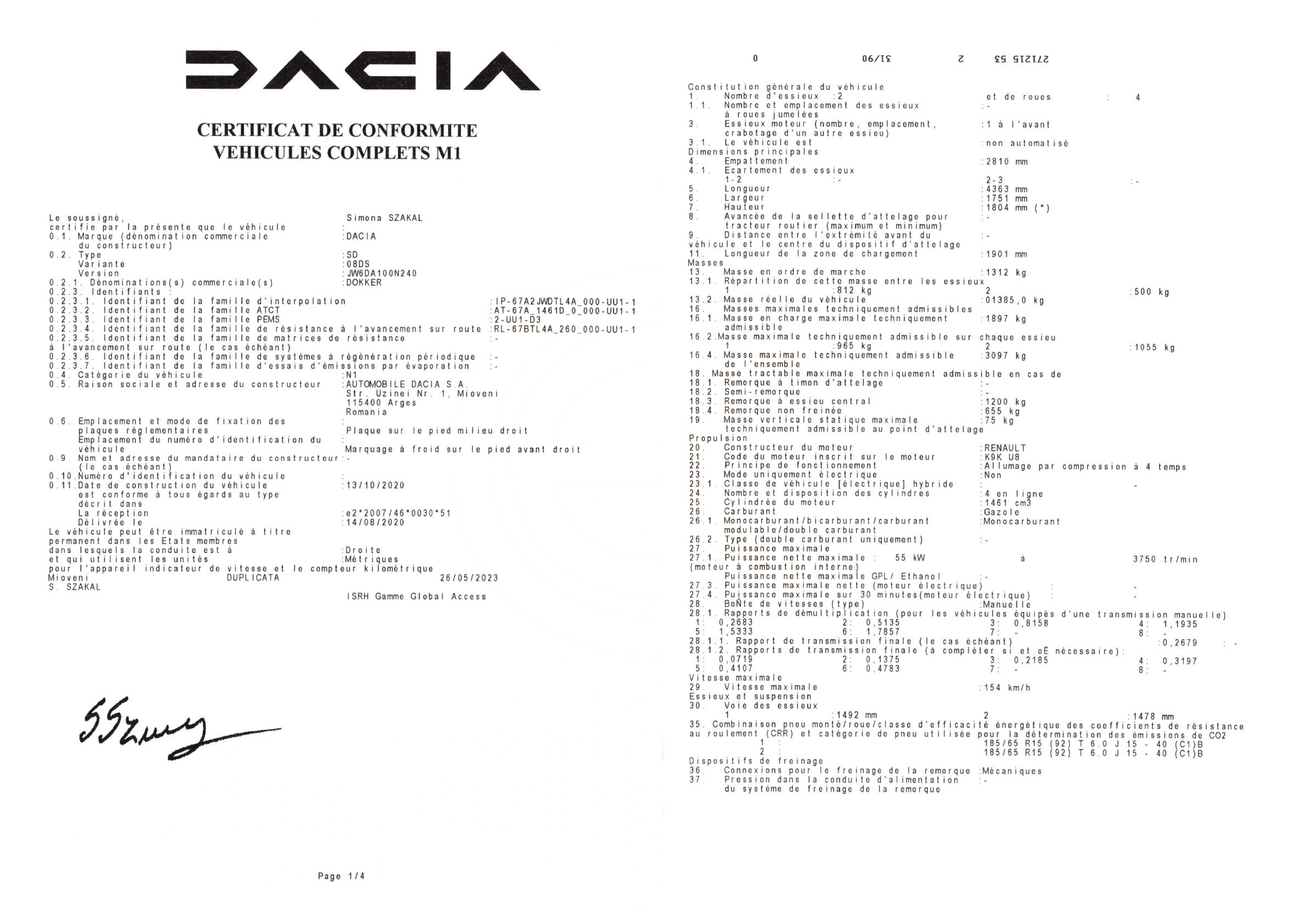 Exemple de certificat de conformité Dacia