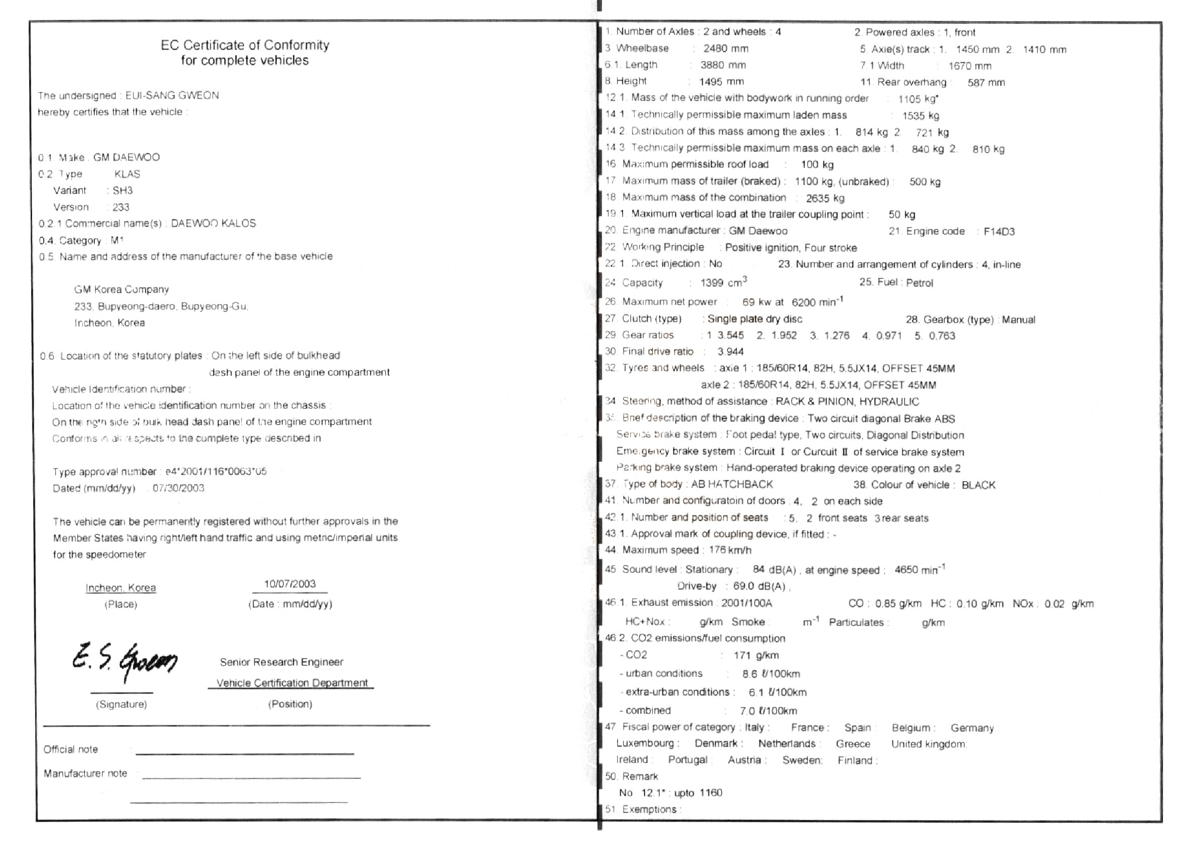 Exemple de certificat de conformité Daewoo