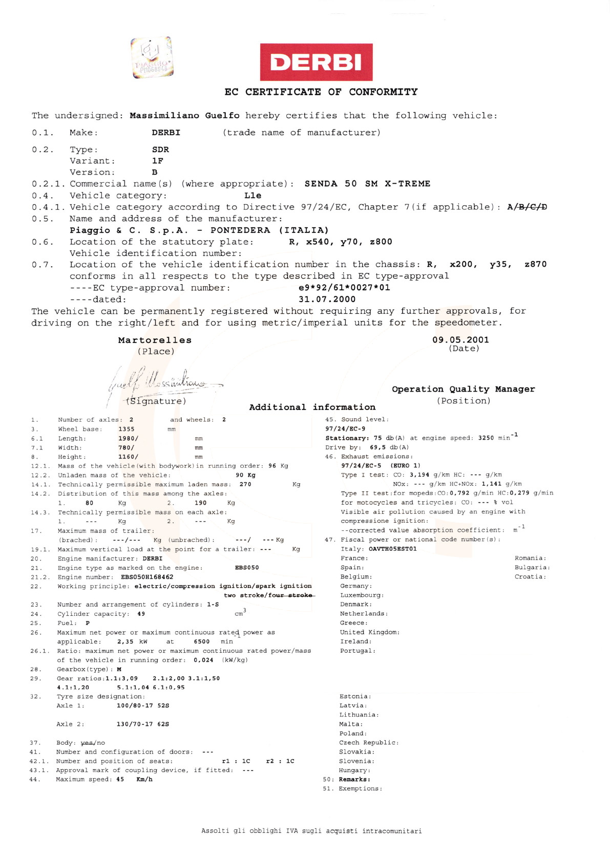Exemple de certificat de conformité Derbi