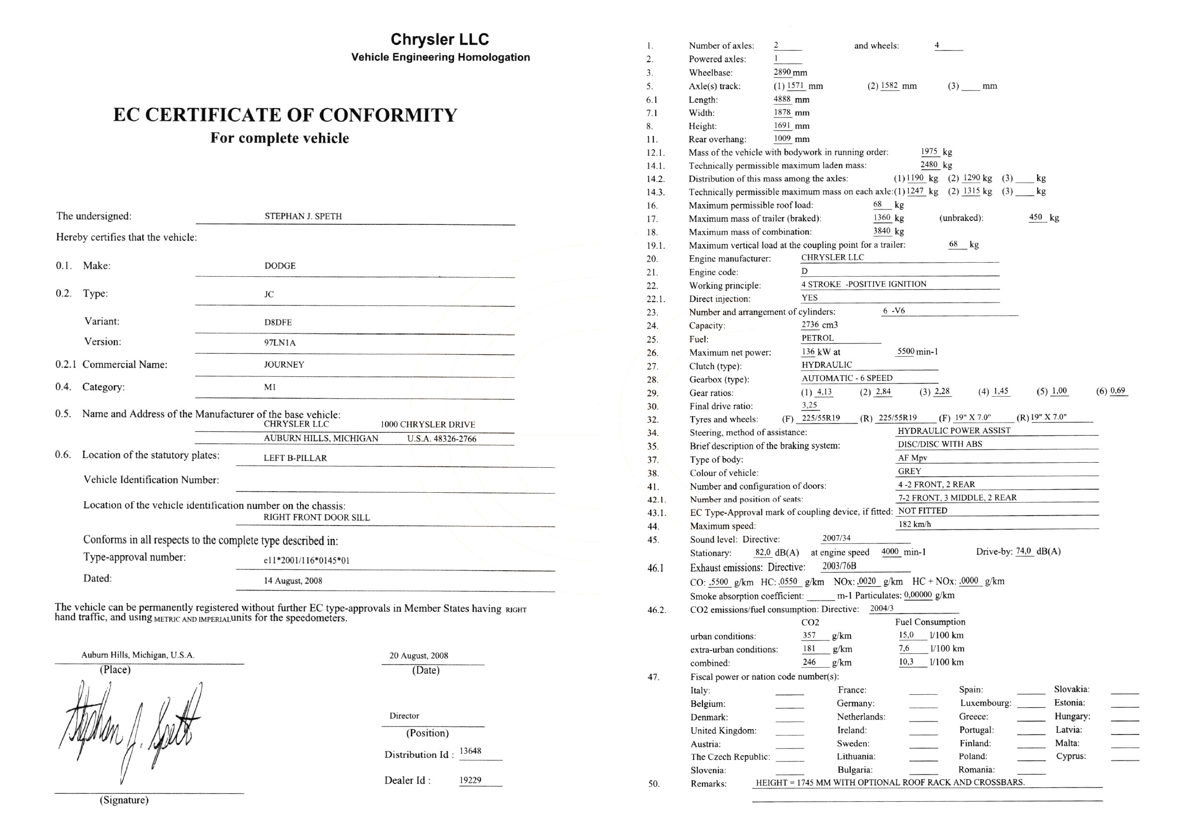 Exemple de certificat de conformité Dodge