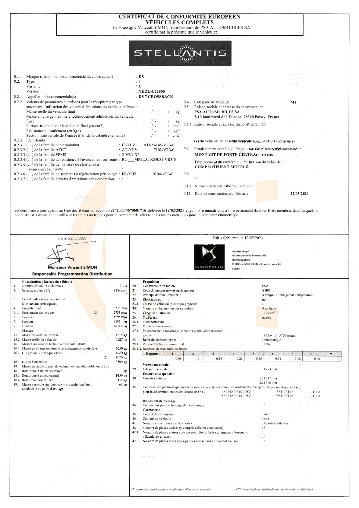 Exemple de certificat de conformité DS Automobiles