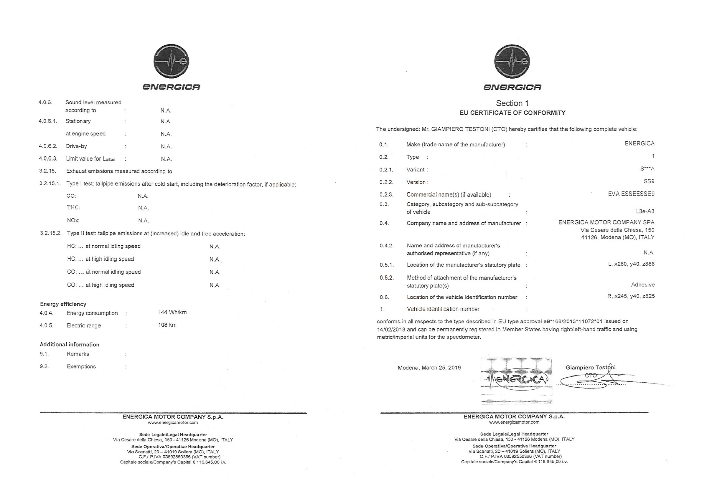 Exemple de certificat de conformité Energica Motor