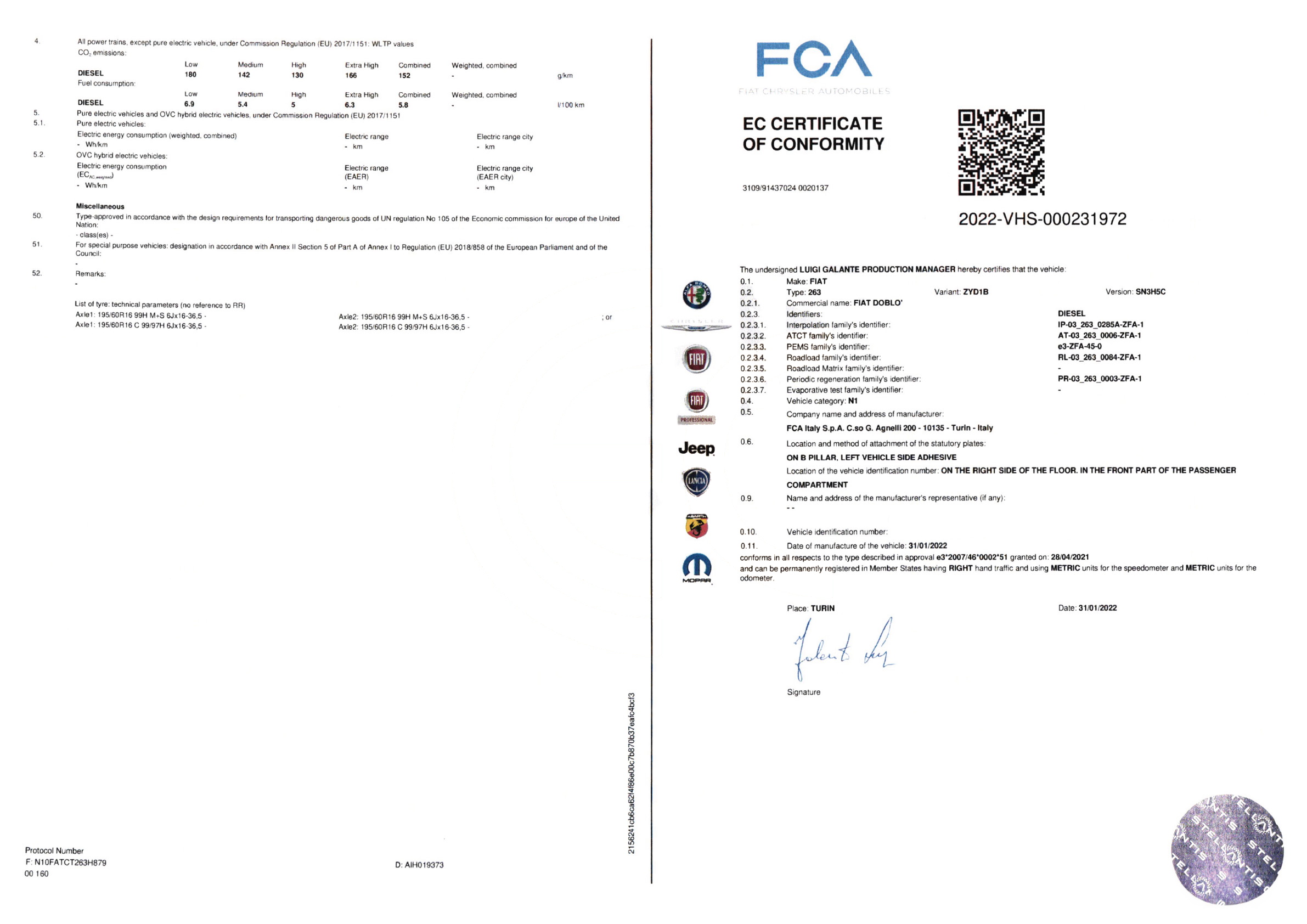 Exemple de certificat de conformité Fiat