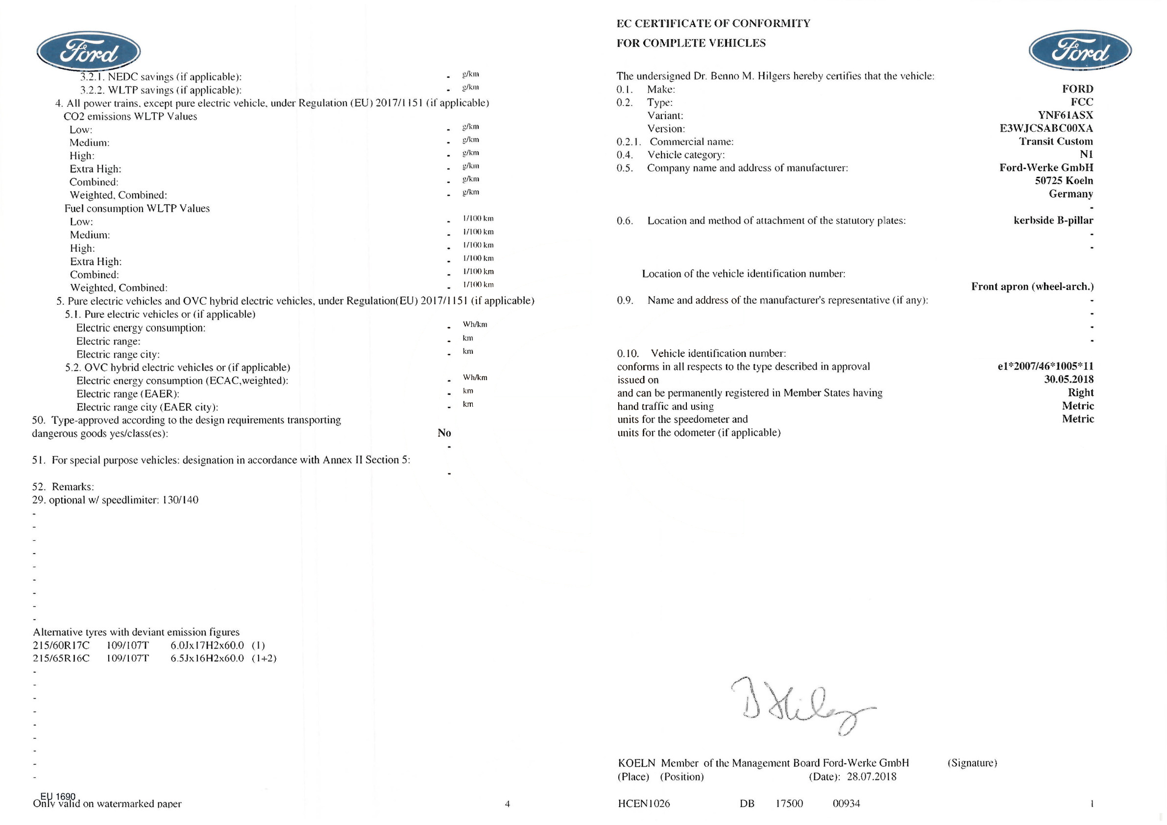 Exemple de certificat de conformité Ford
