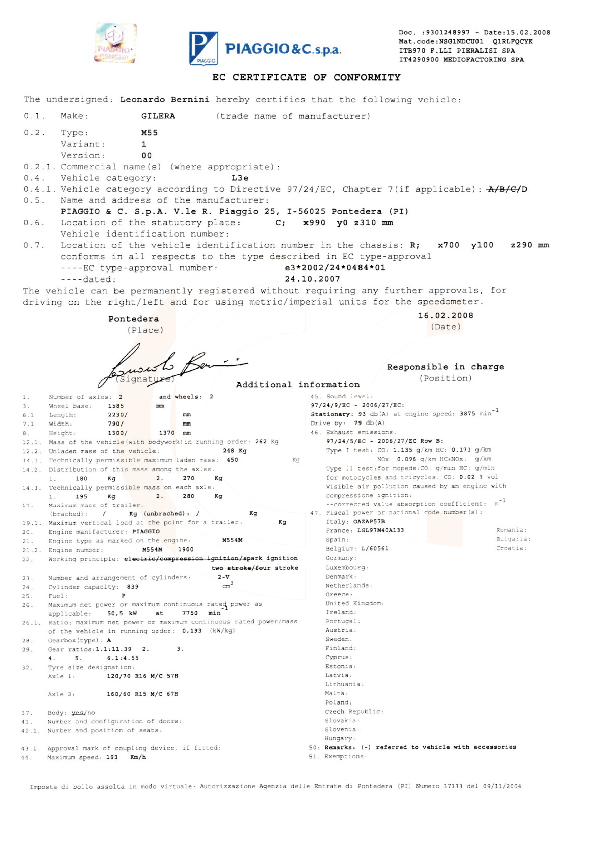 Exemple de certificat de conformité Gilera
