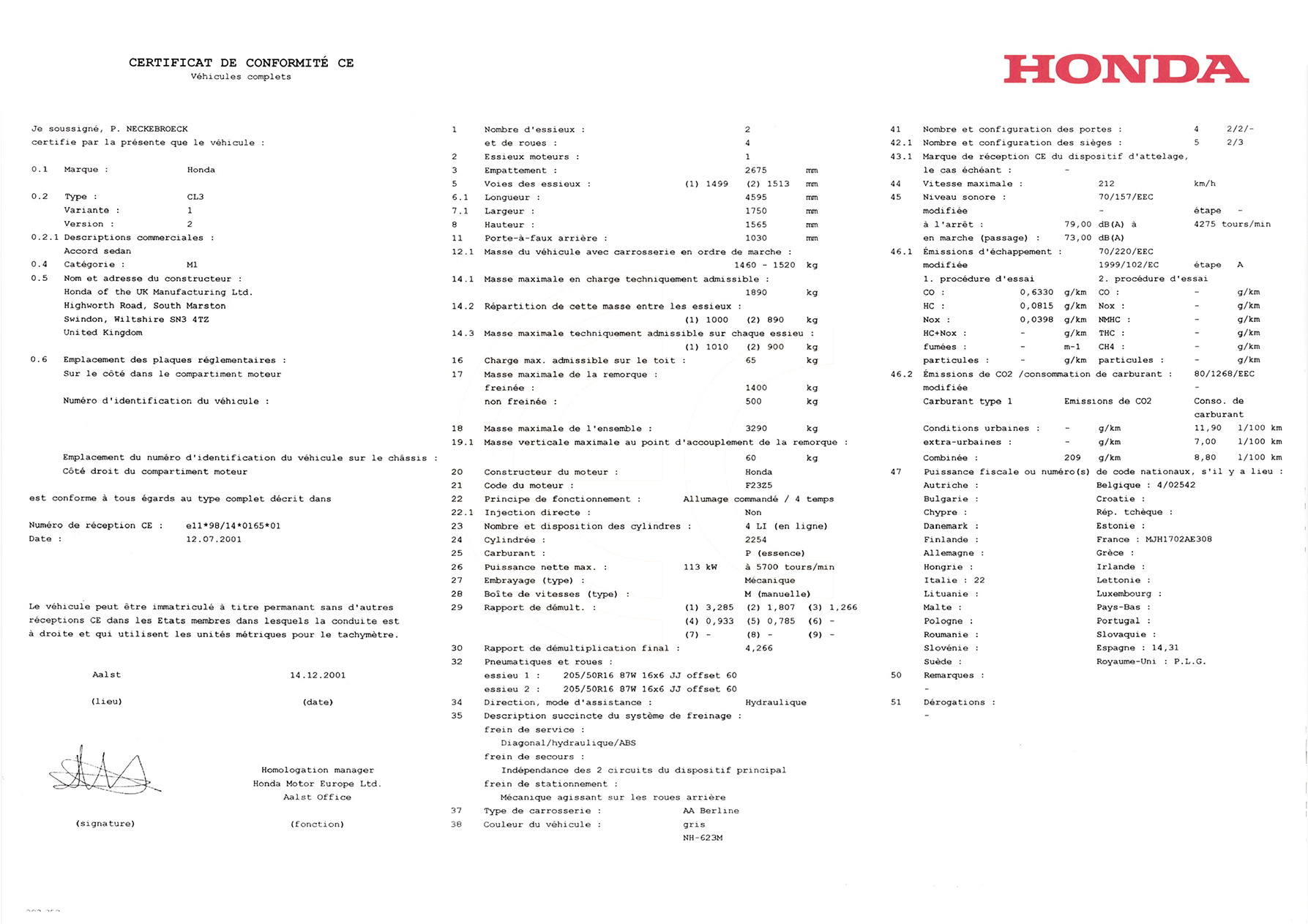 Exemple de certificat de conformité Honda