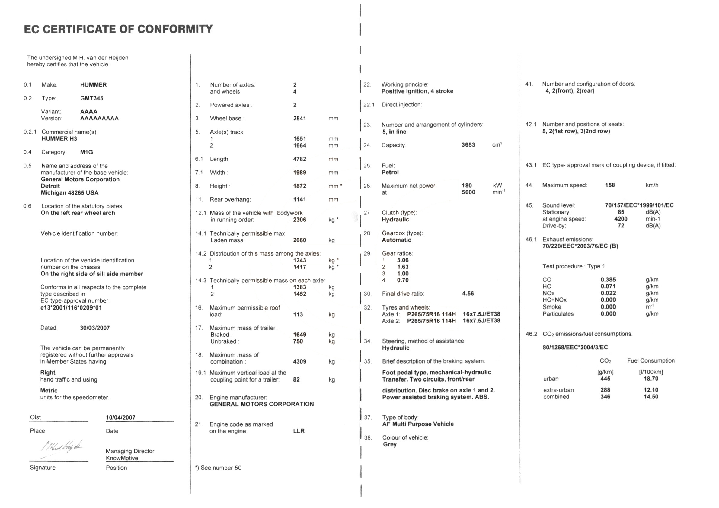 Exemple de certificat de conformité Hummer