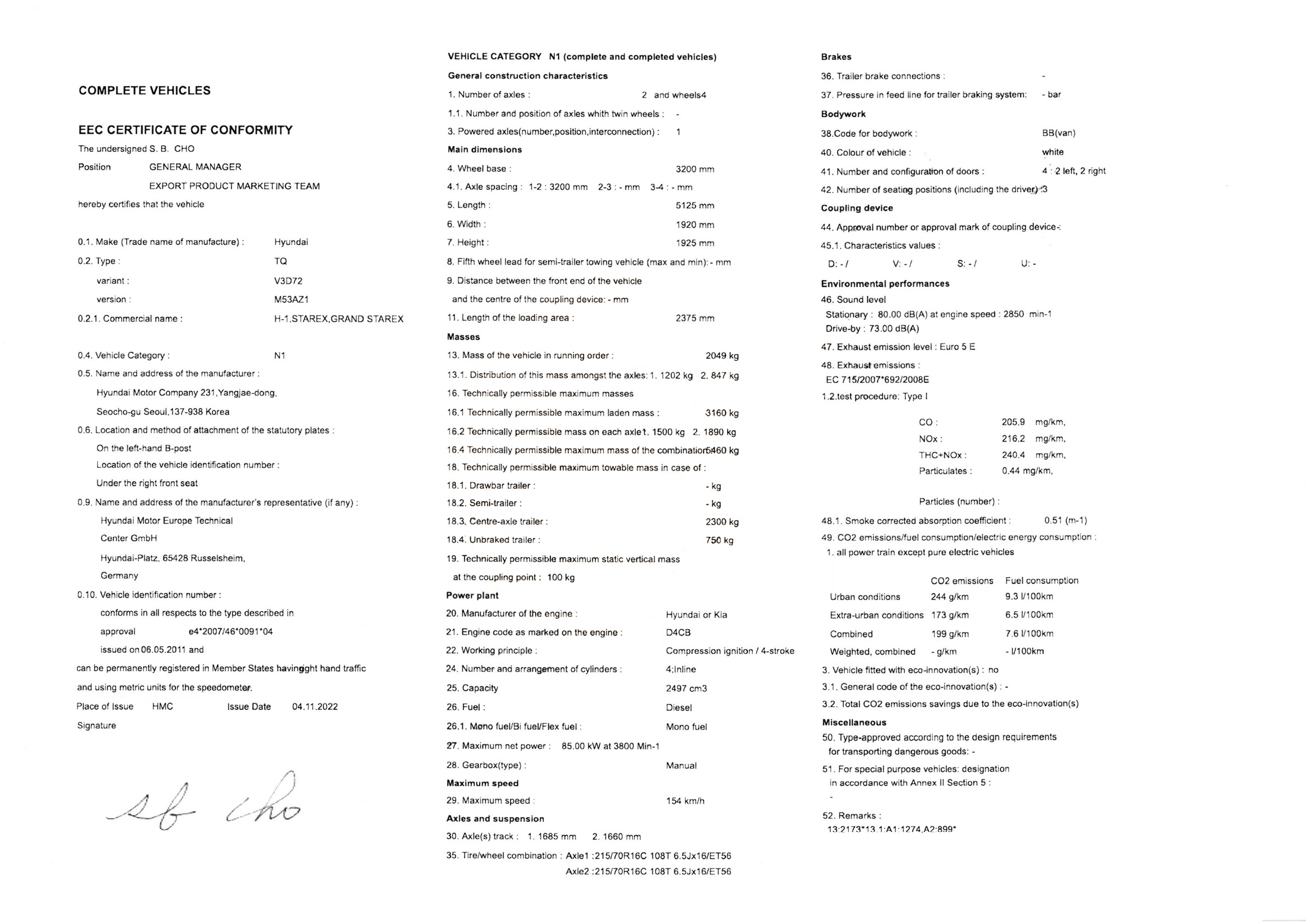 Exemple de certificat de conformité Hyundai