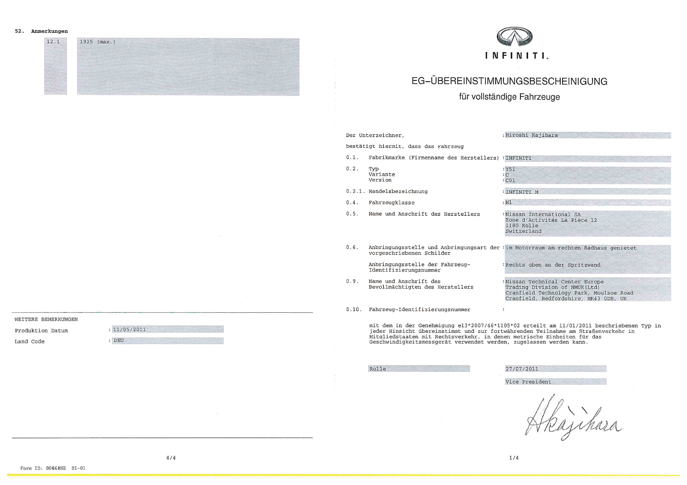 Exemple de certificat de conformité Infiniti