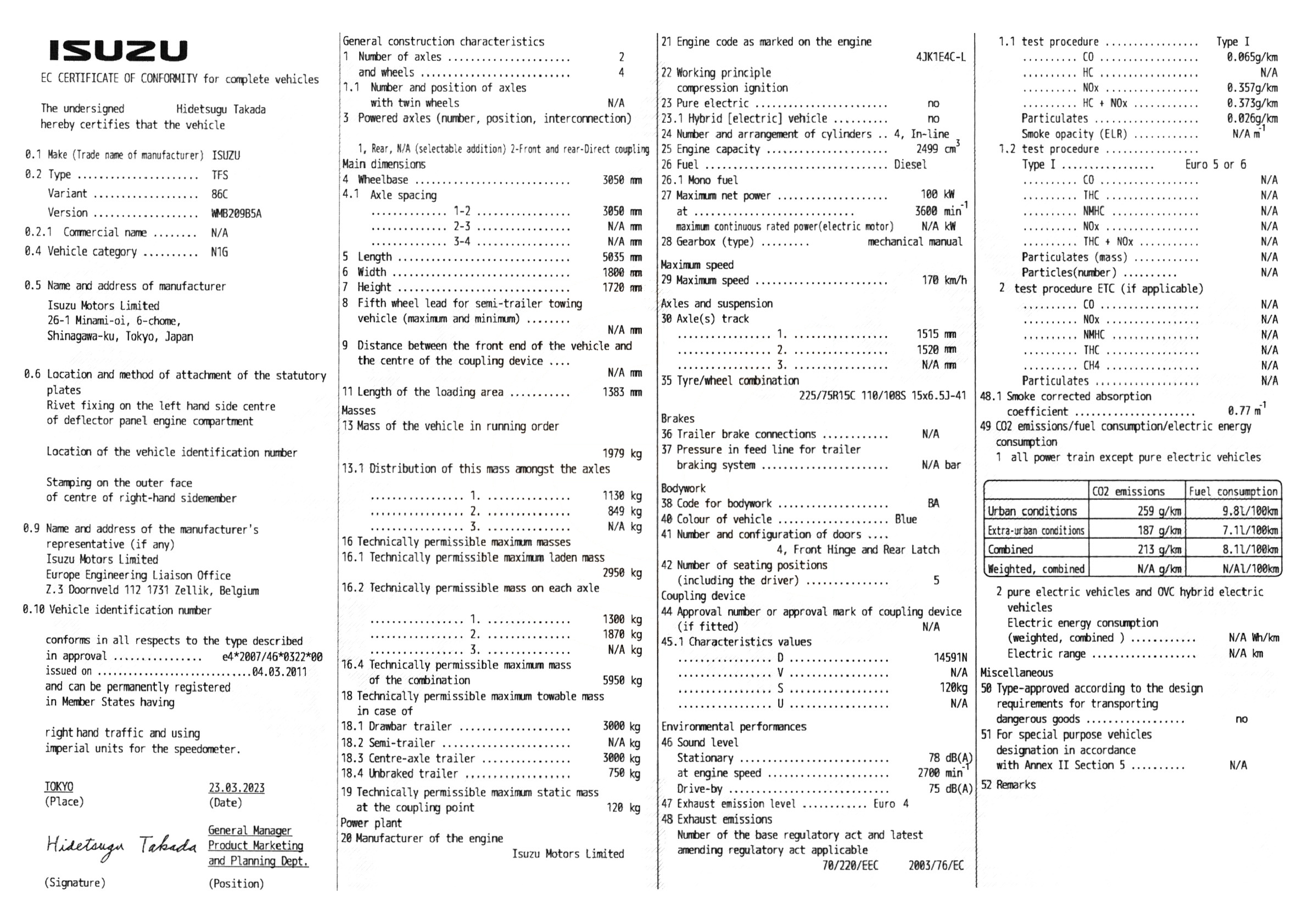 Exemple de certificat de conformité Isuzu