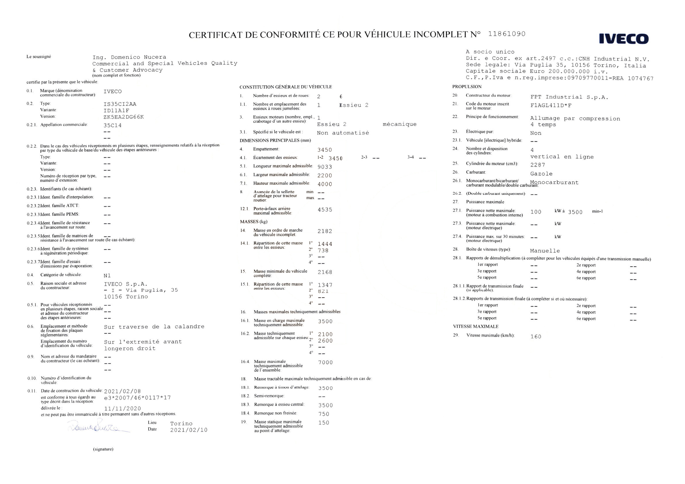 Exemple de certificat de conformité Iveco