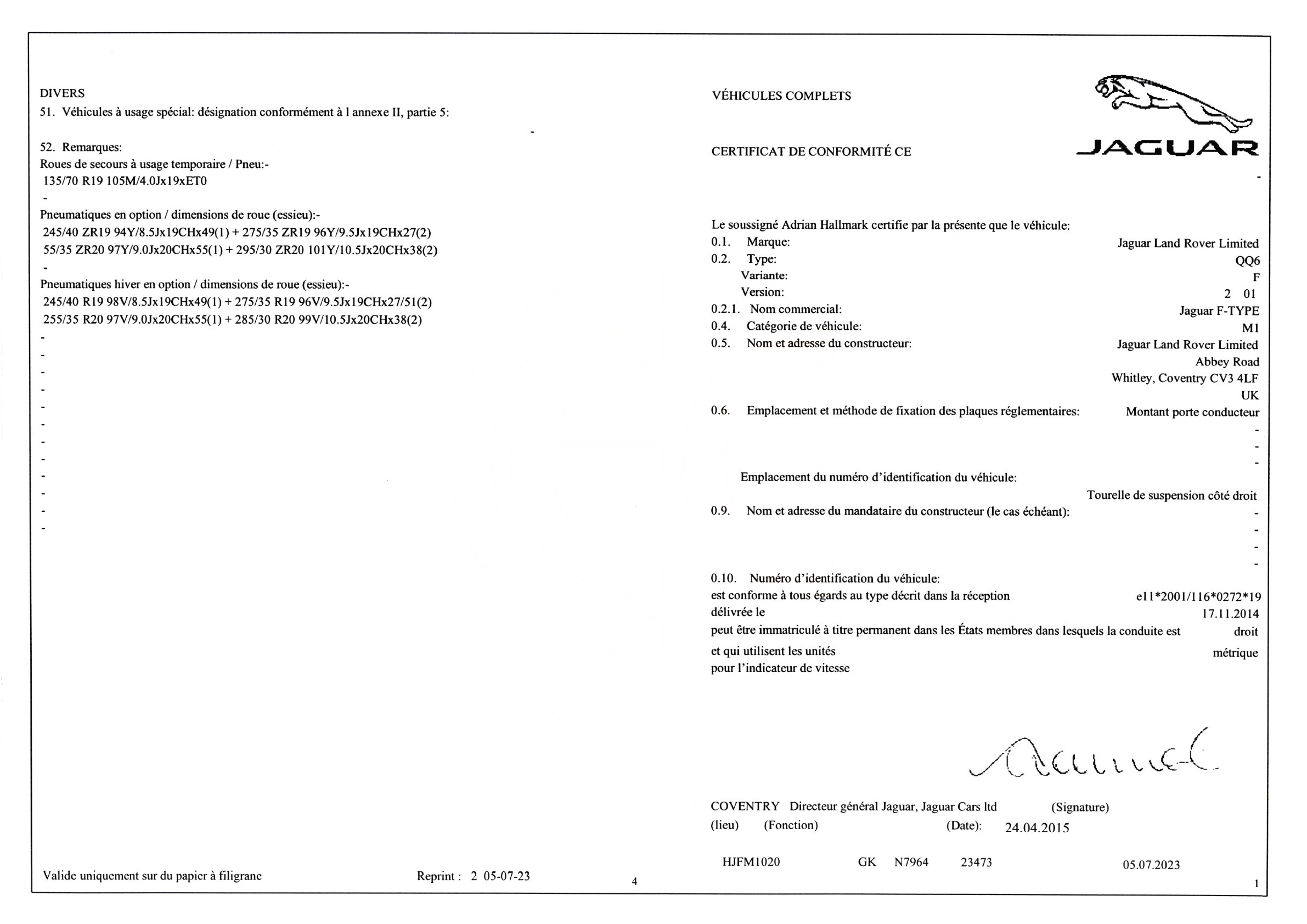 Exemple de certificat de conformité Jaguar
