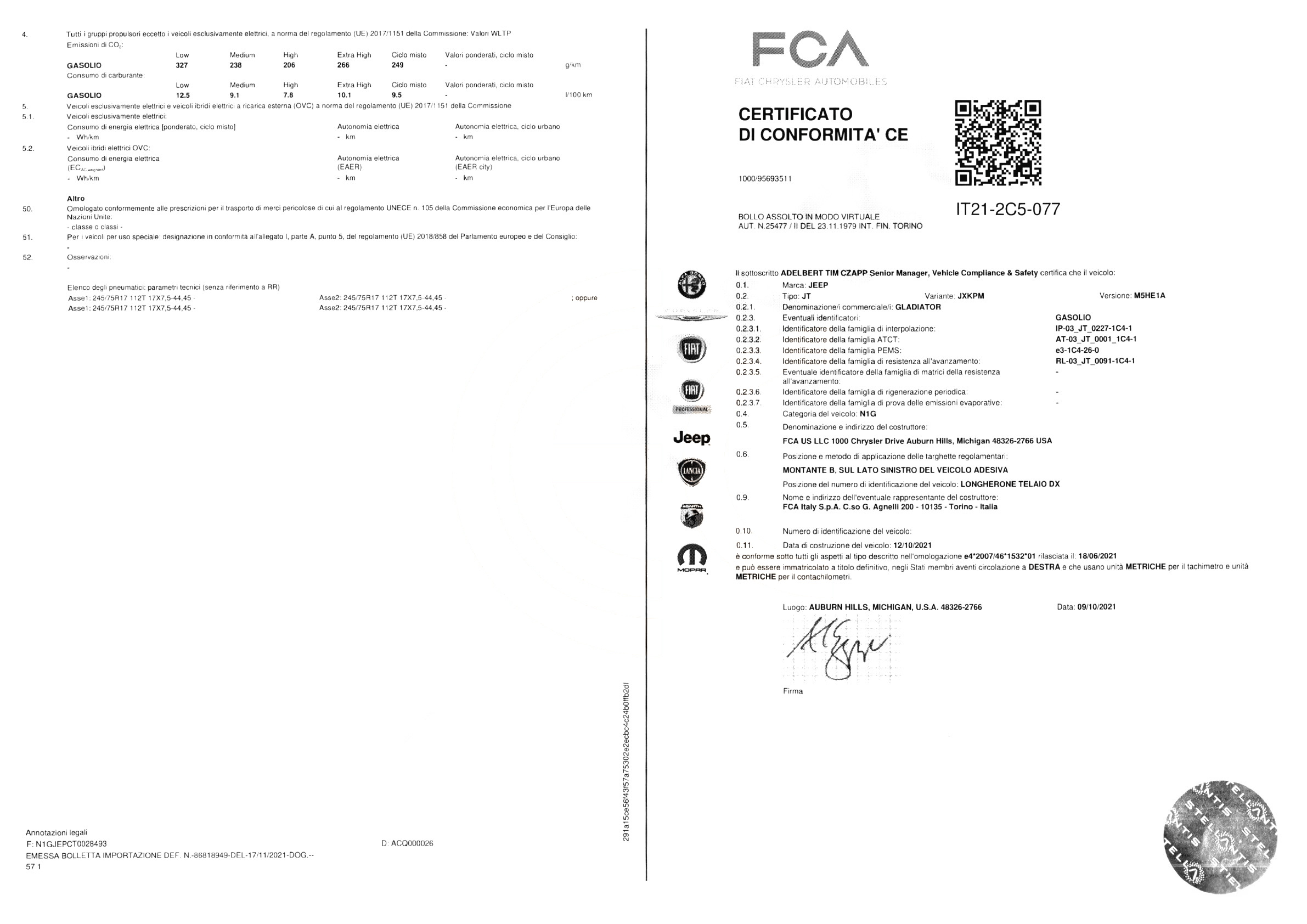 Exemple de certificat de conformité Jeep