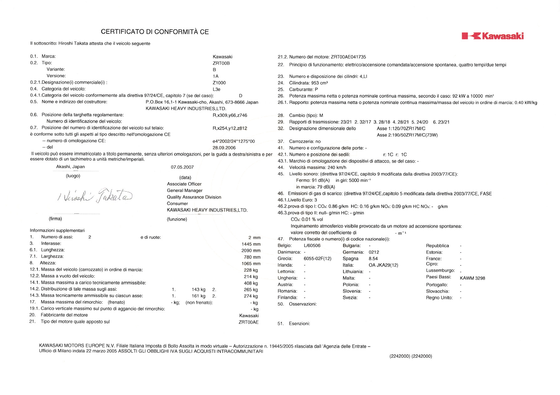 Exemple de certificat de conformité Kawasaki