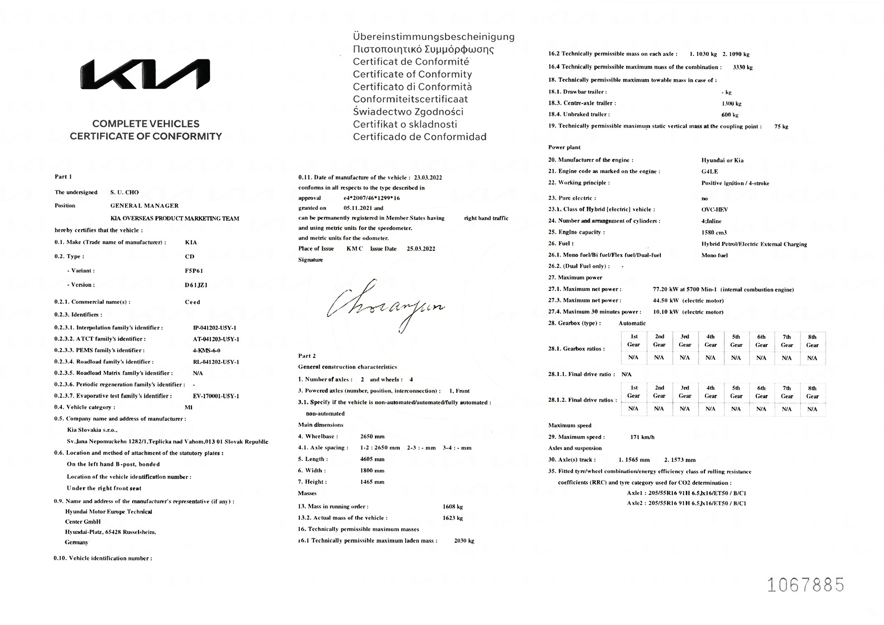 Exemple de certificat de conformité Kia
