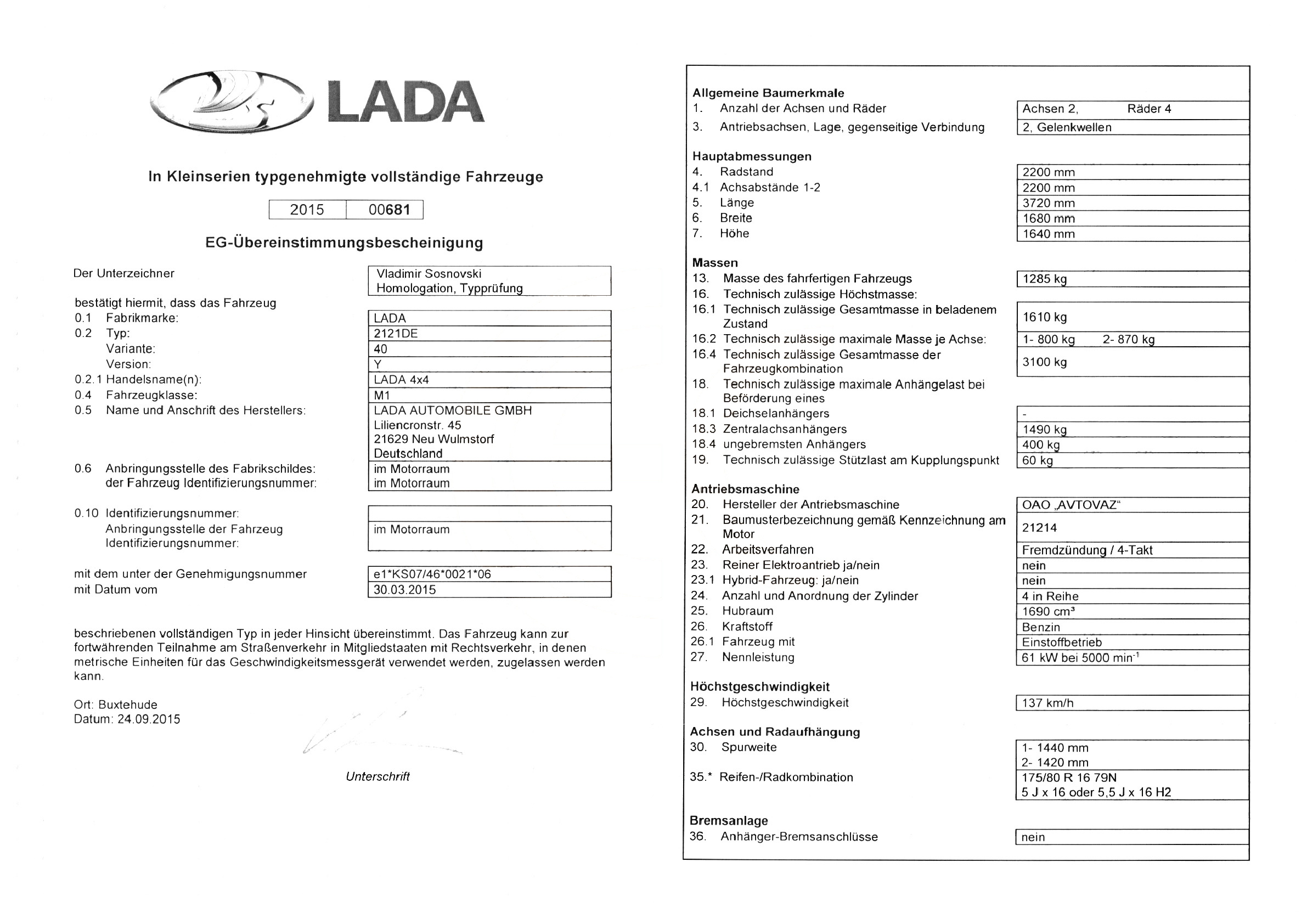 Exemple de certificat de conformité Lada