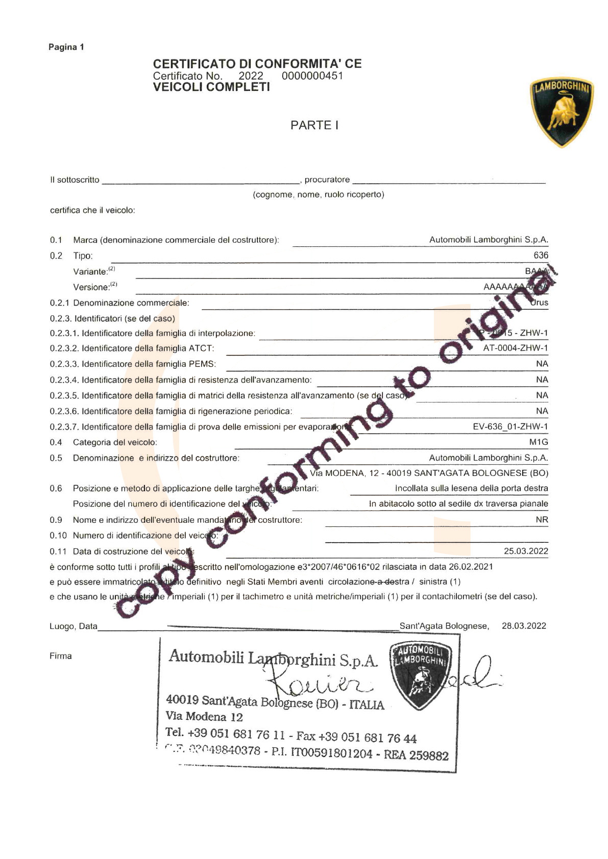 Exemple de certificat de conformité Lamborghini