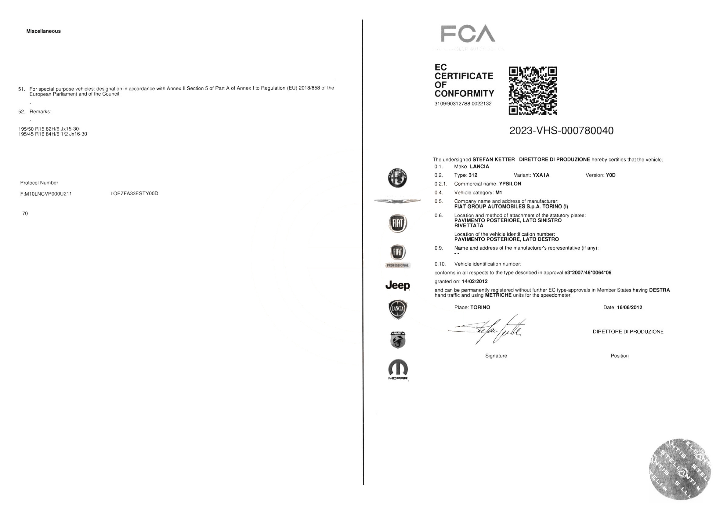 Exemple de certificat de conformité Lancia