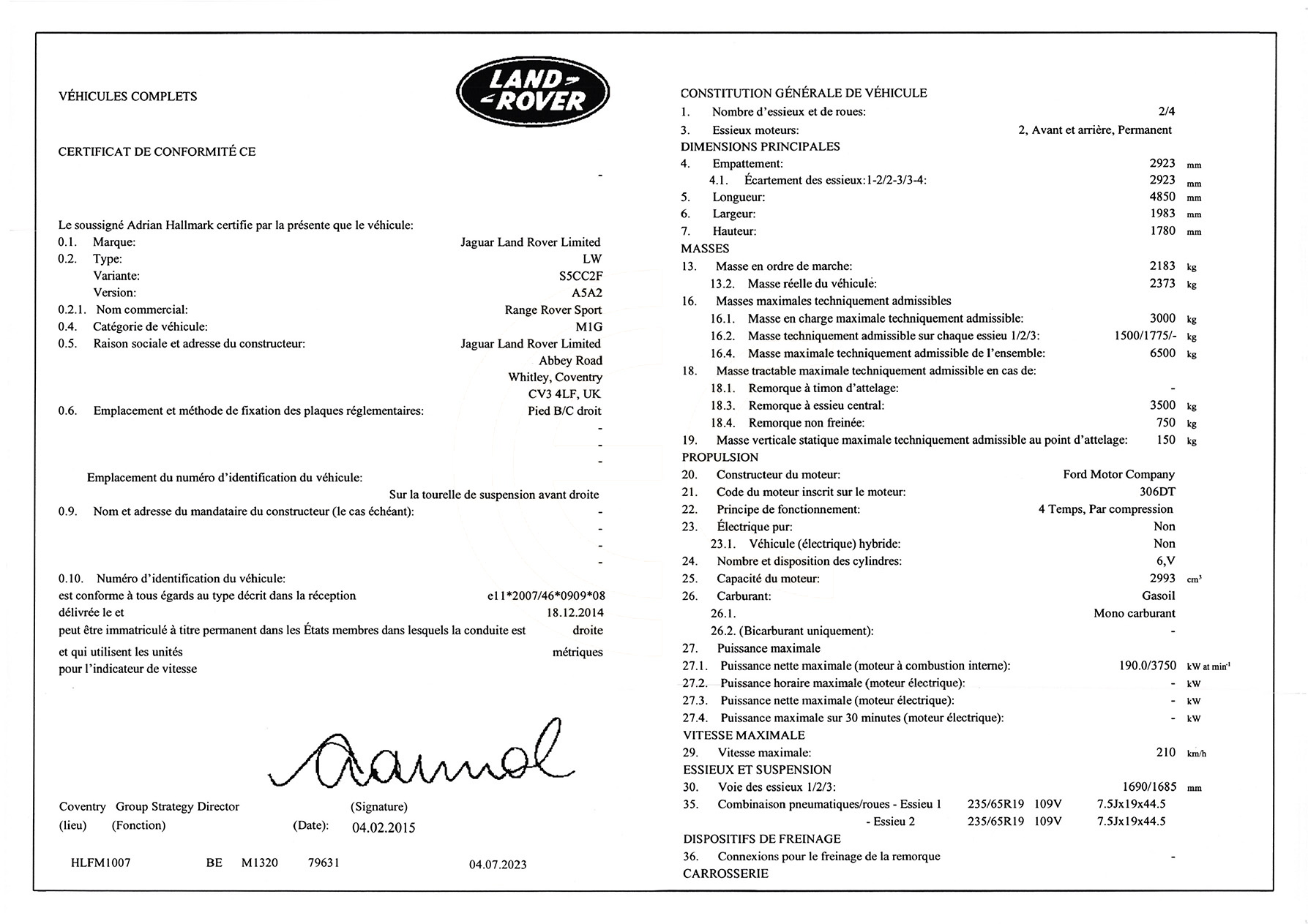 Exemple de certificat de conformité Land Rover