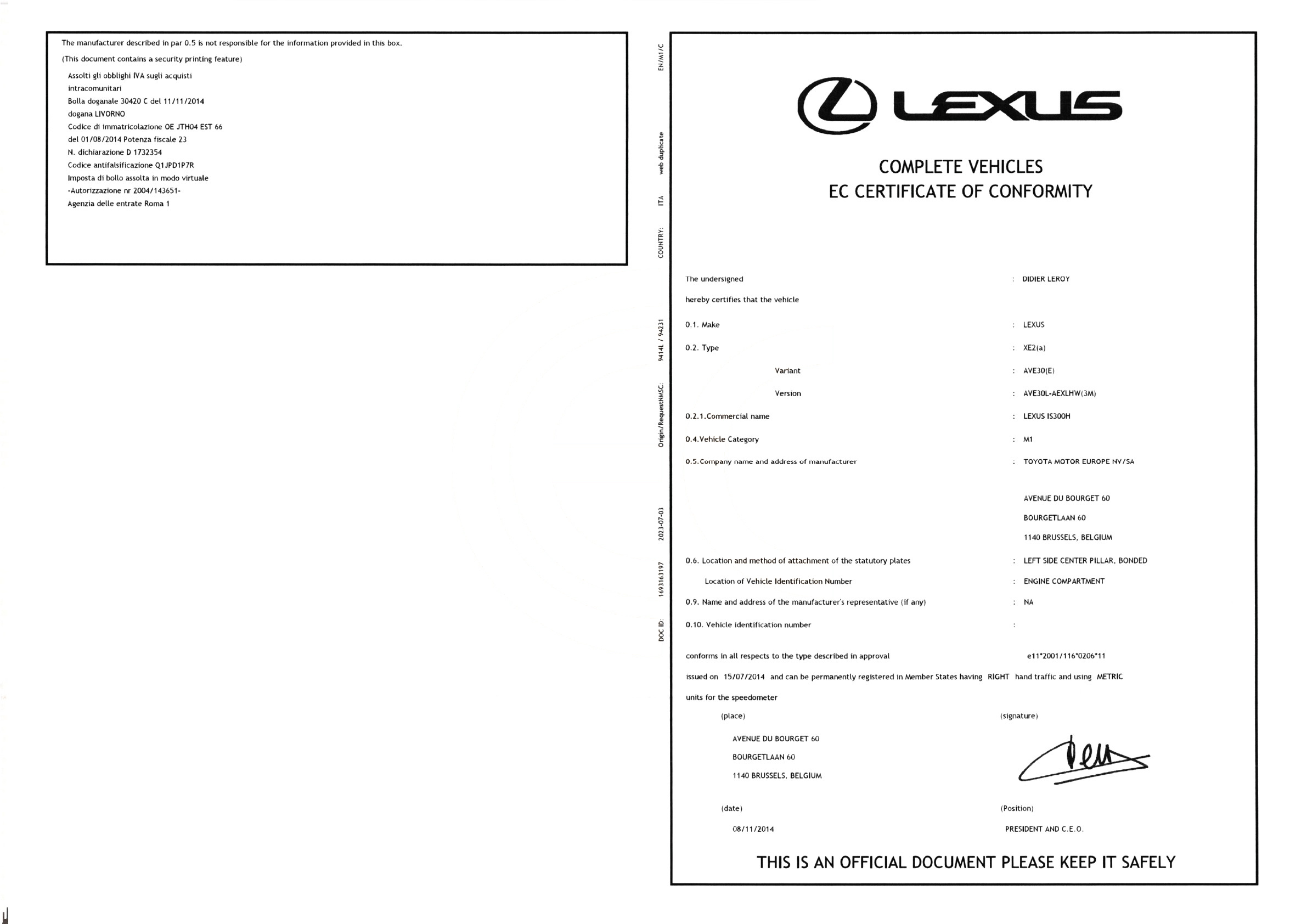 Exemple de certificat de conformité Lexus