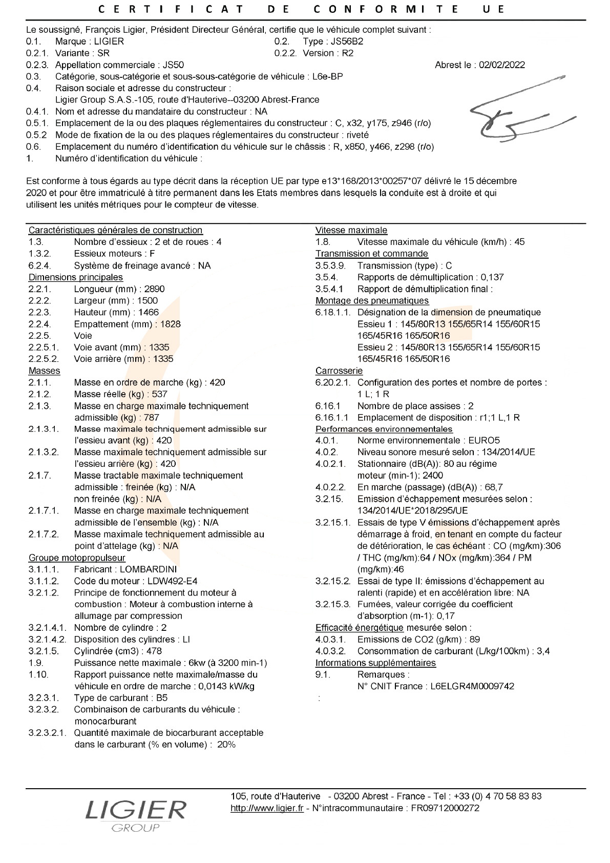Exemple de certificat de conformité Ligier