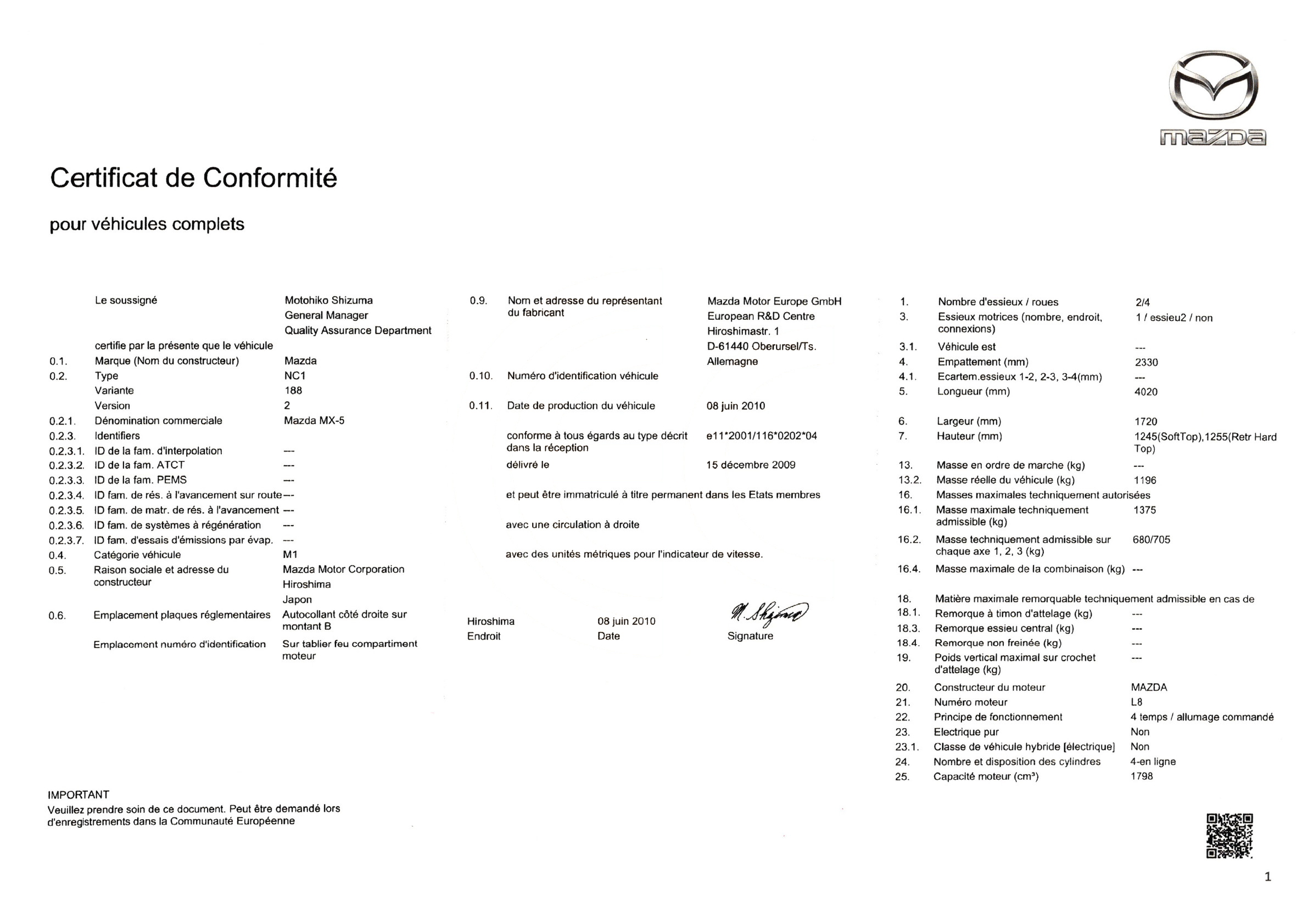 Exemple de certificat de conformité Mazda