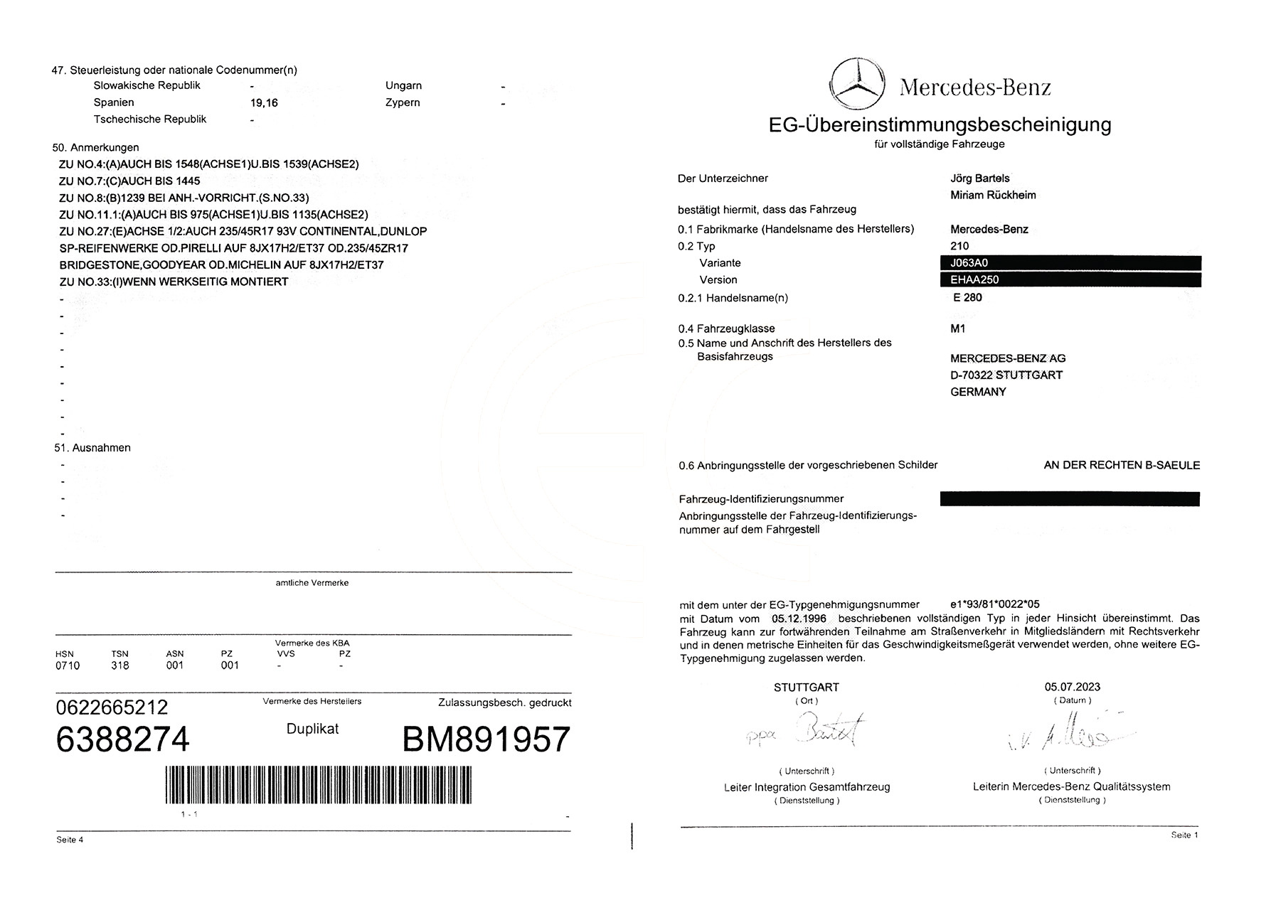 Exemple de certificat de conformité Mercedes-Benz