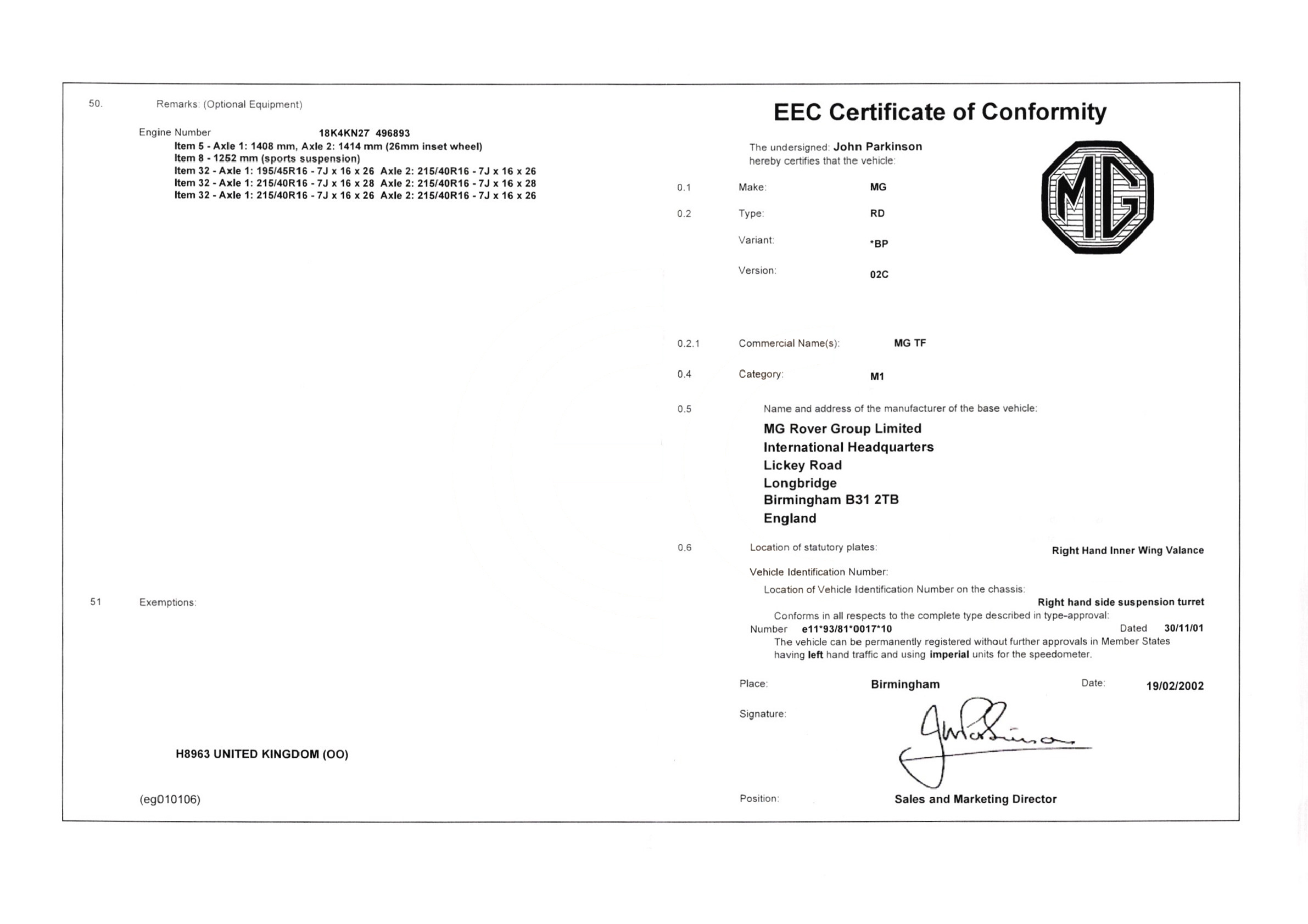Exemple de certificat de conformité MG