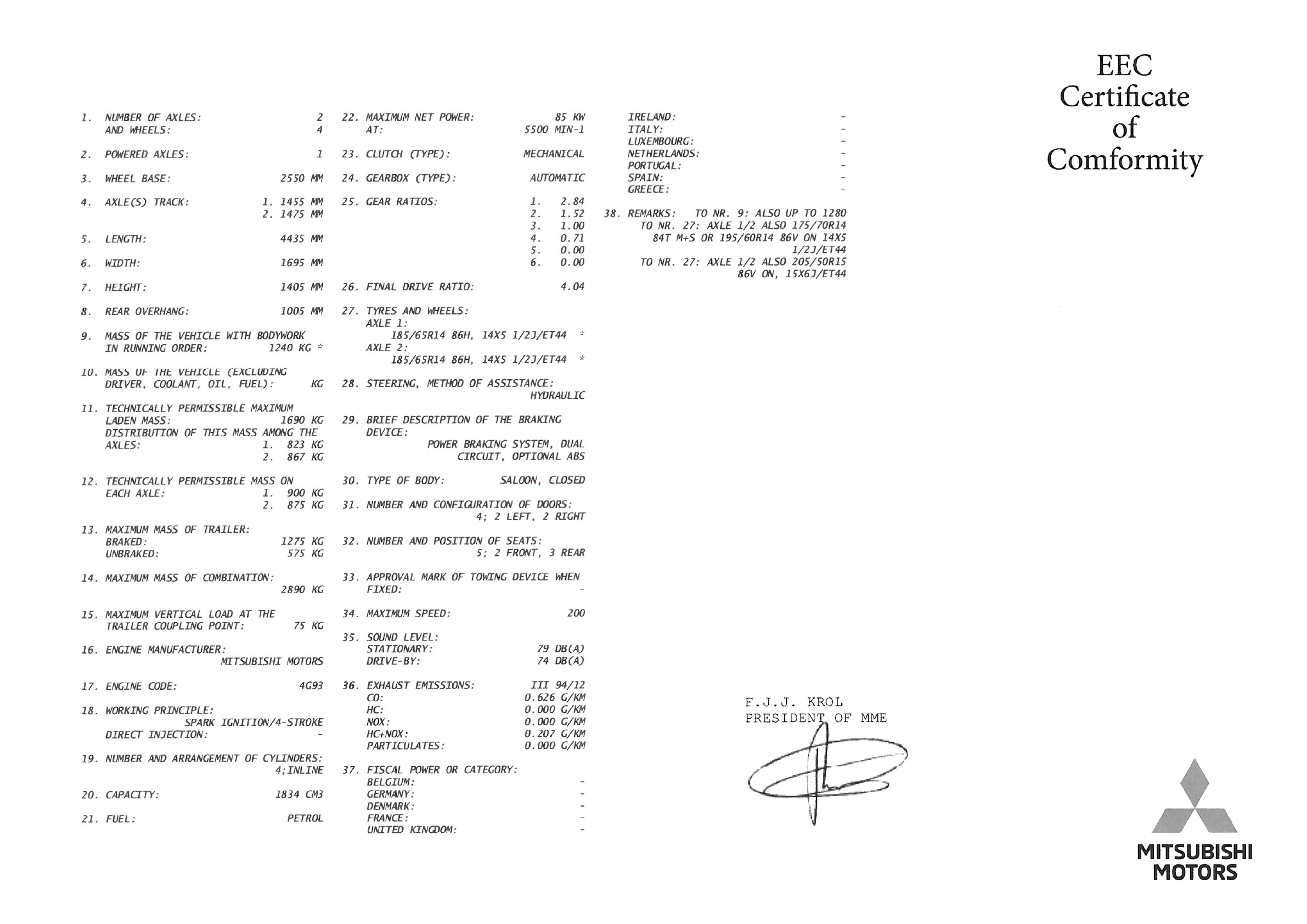 Exemple de certificat de conformité Mitsubishi