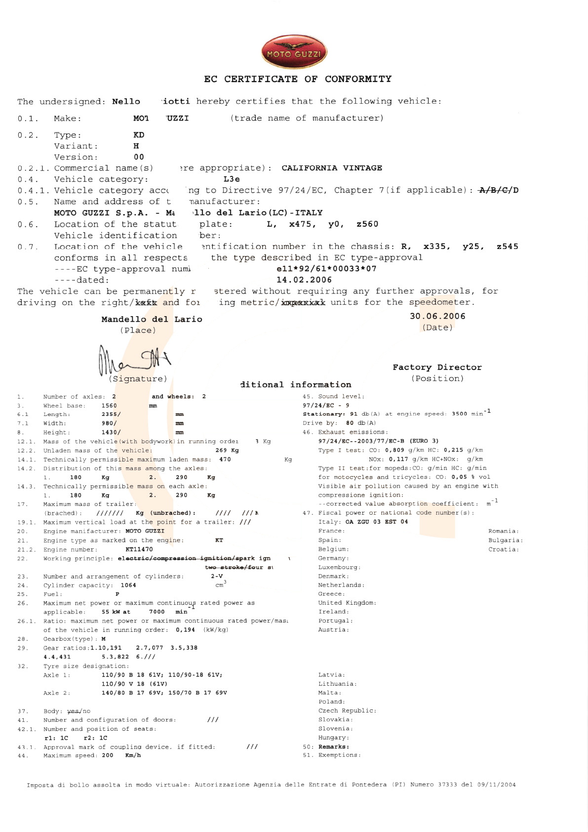 Exemple de certificat de conformité Moto Guzzi