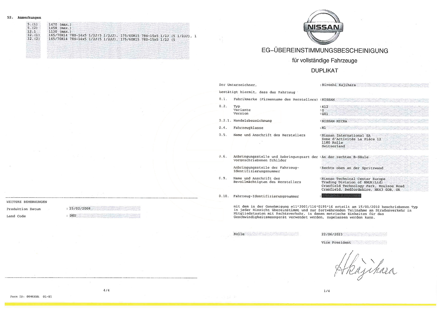 Exemple de certificat de conformité Nissan