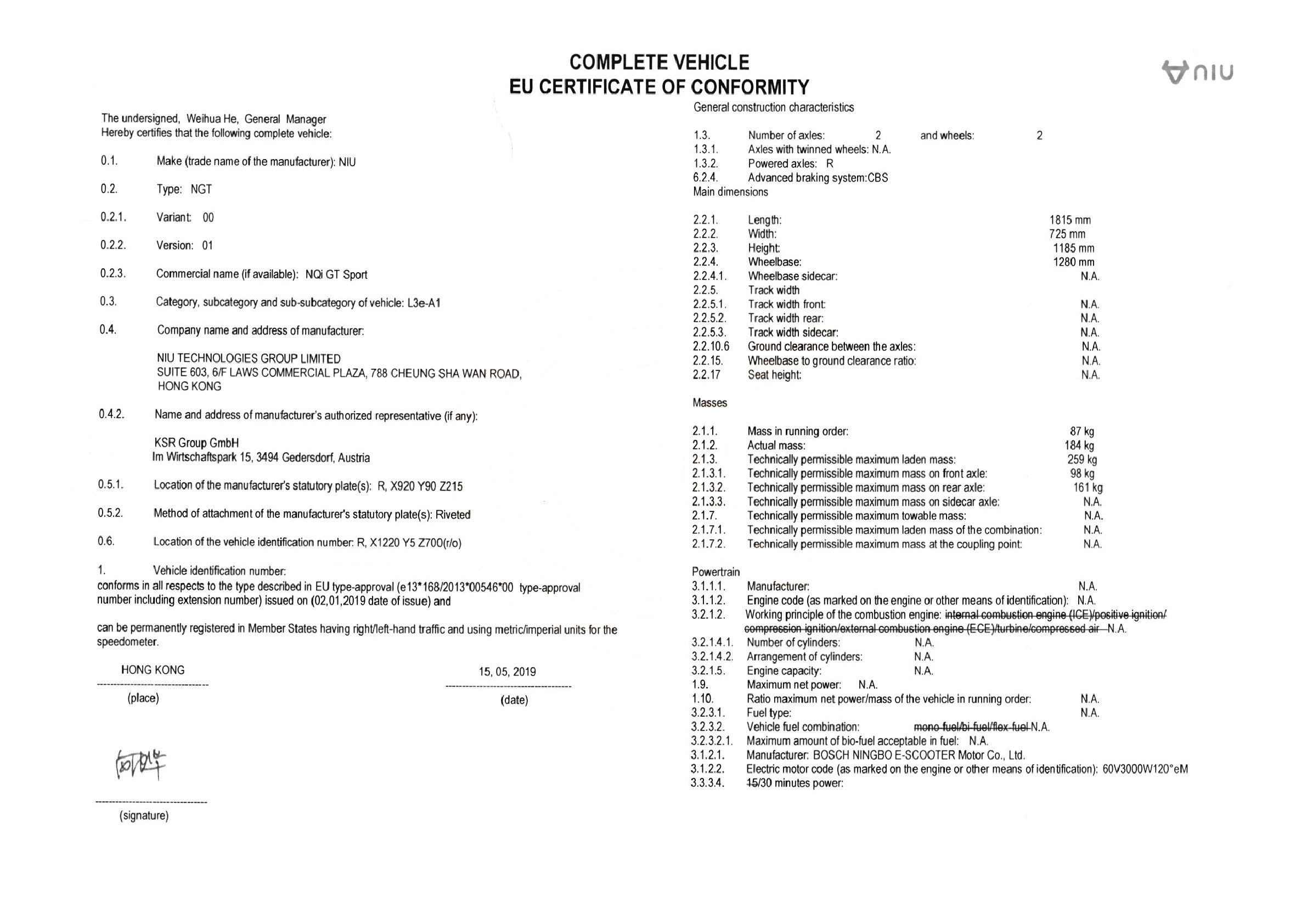 Exemple de certificat de conformité NIU