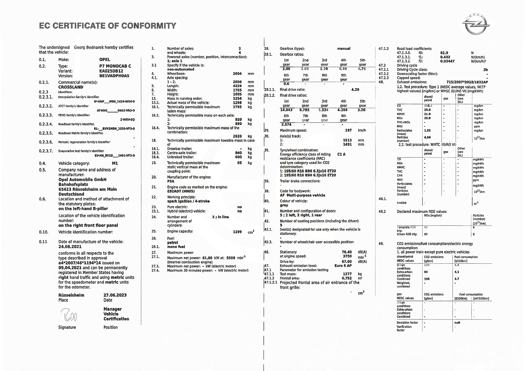 Exemple de certificat de conformité Opel