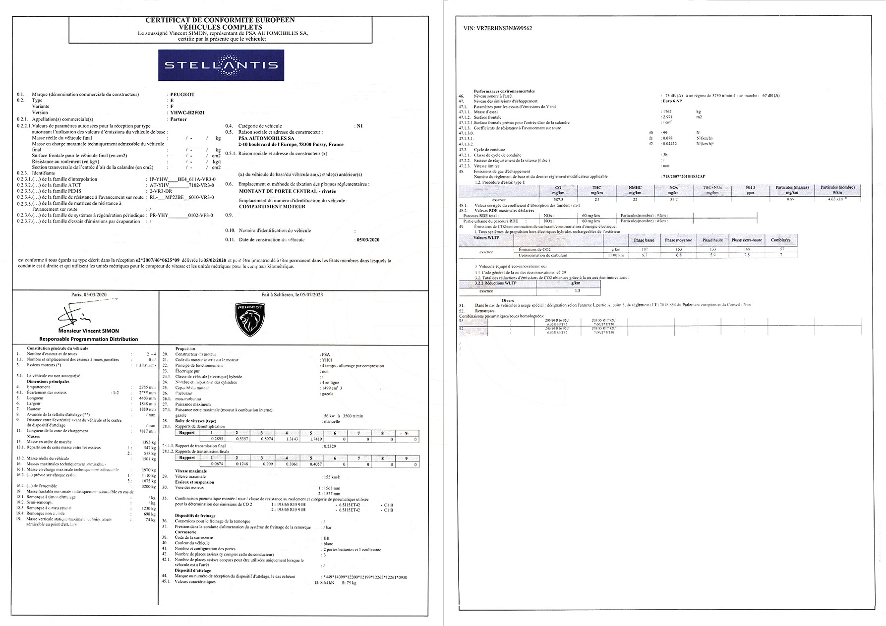 Exemple de certificat de conformité Peugeot