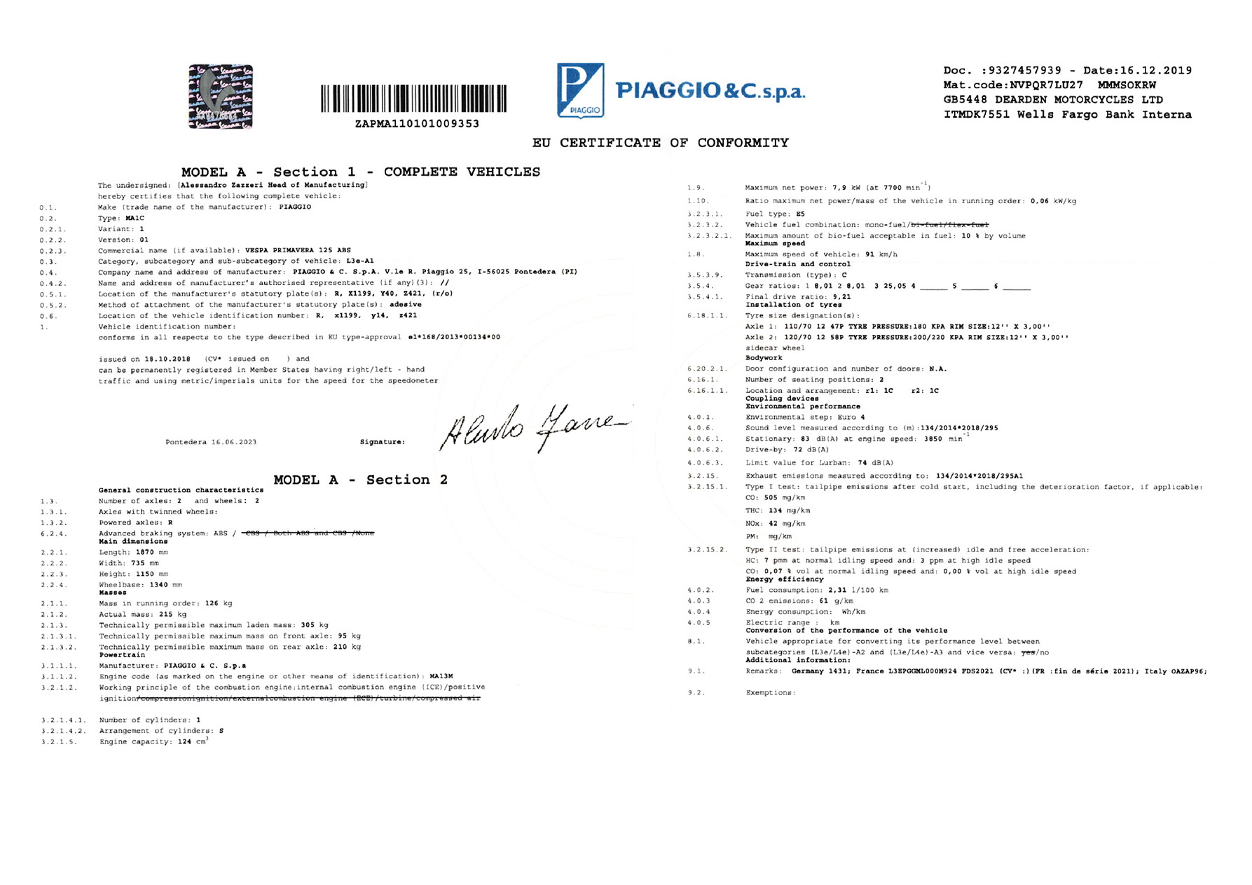 Exemple de certificat de conformité Piaggio