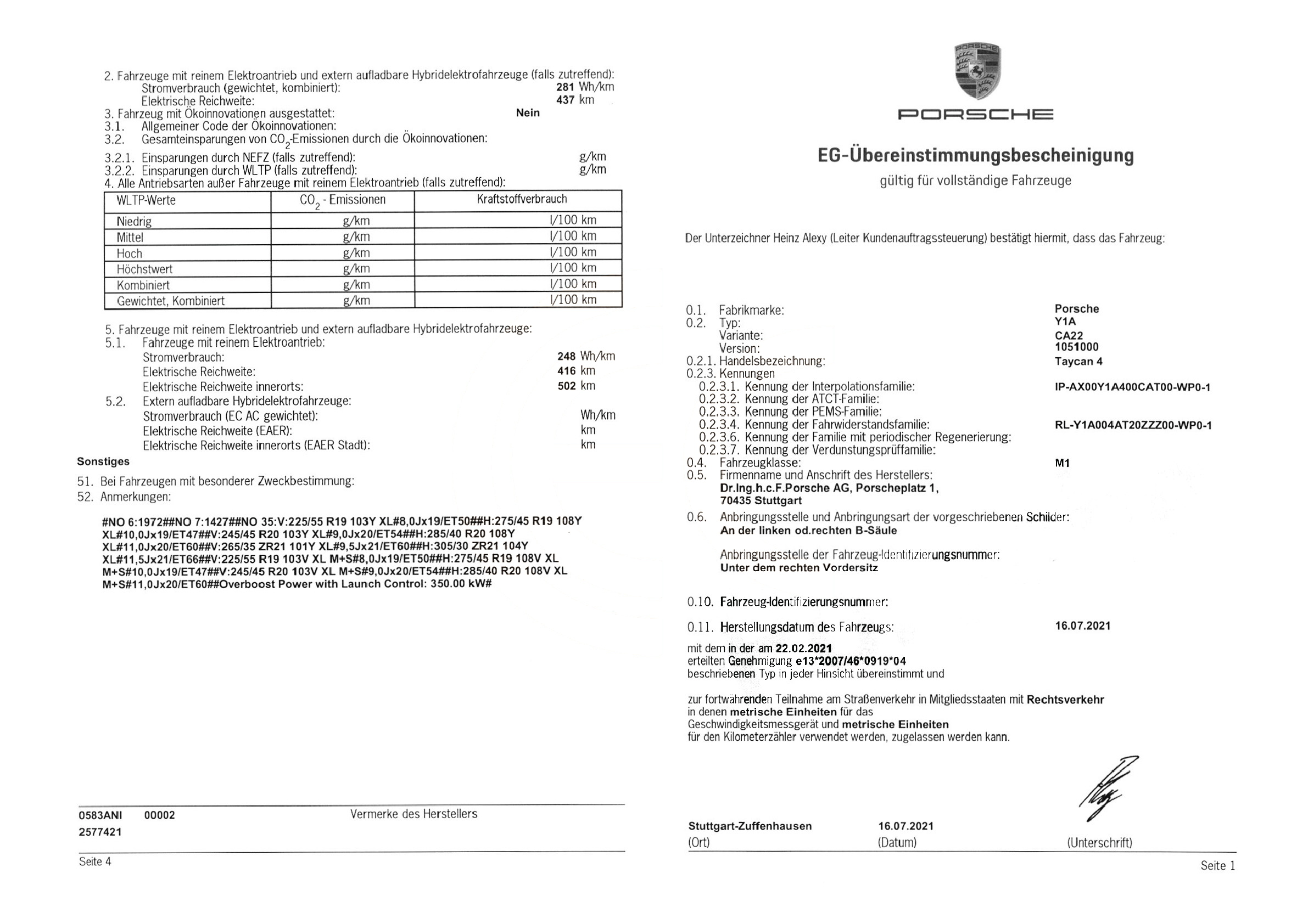 Exemple de certificat de conformité Porsche