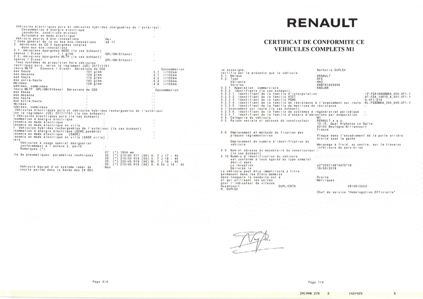 Exemple de certificat de conformité Renault