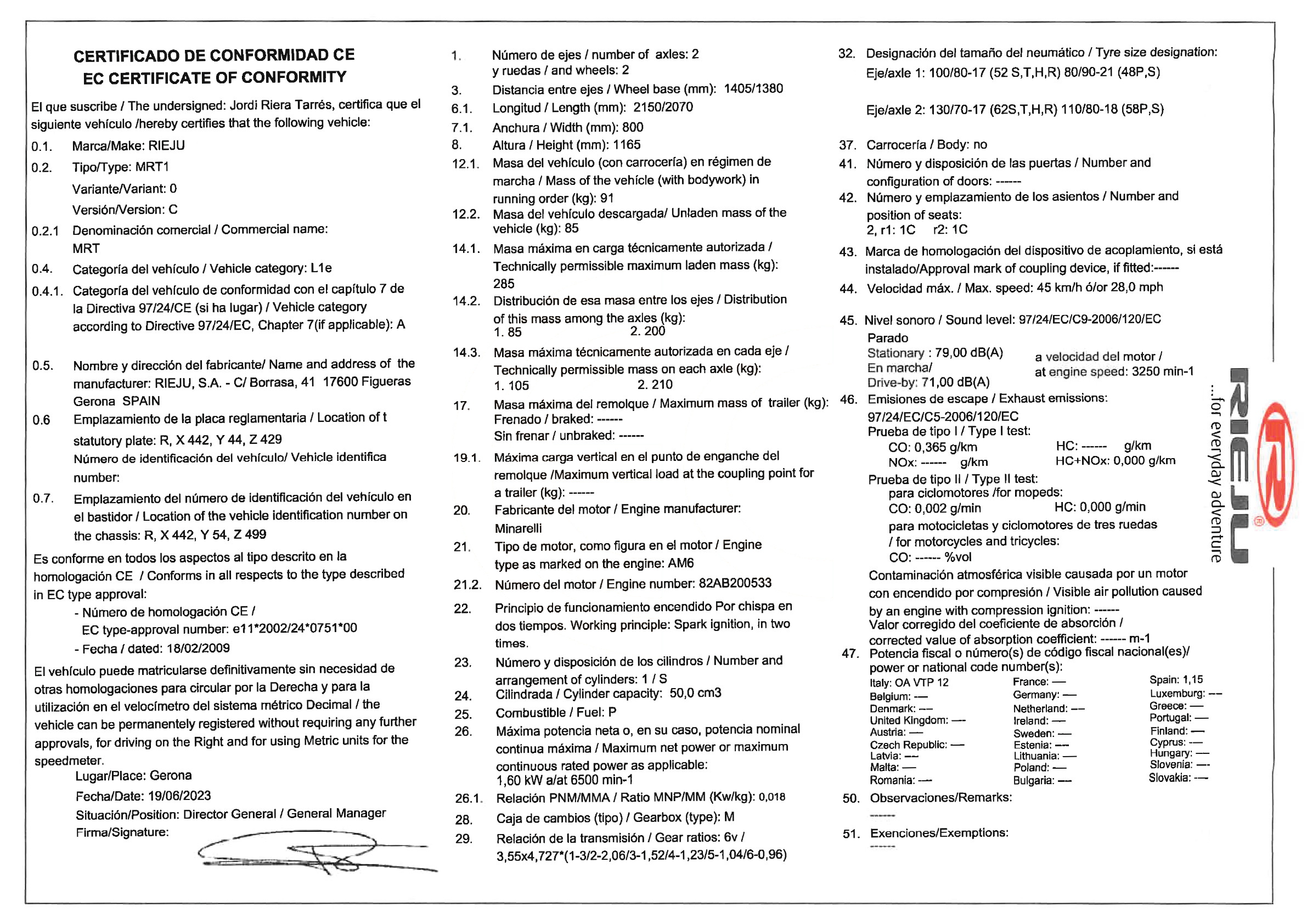 Exemple de certificat de conformité Rieju
