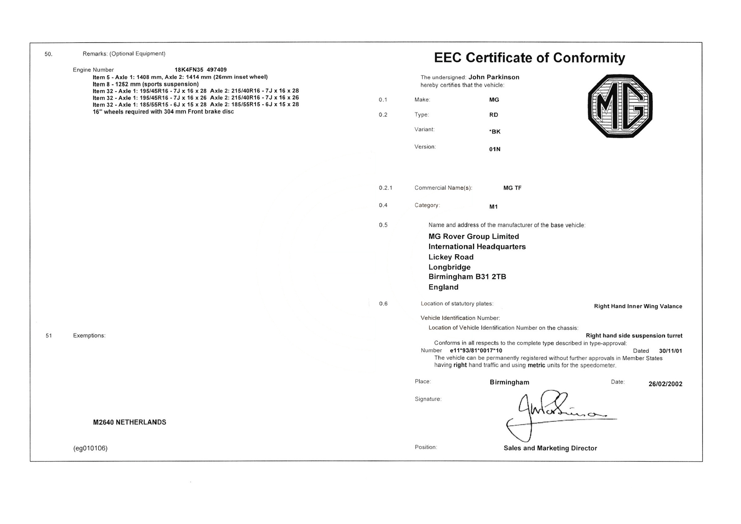 Exemple de certificat de conformité Rover